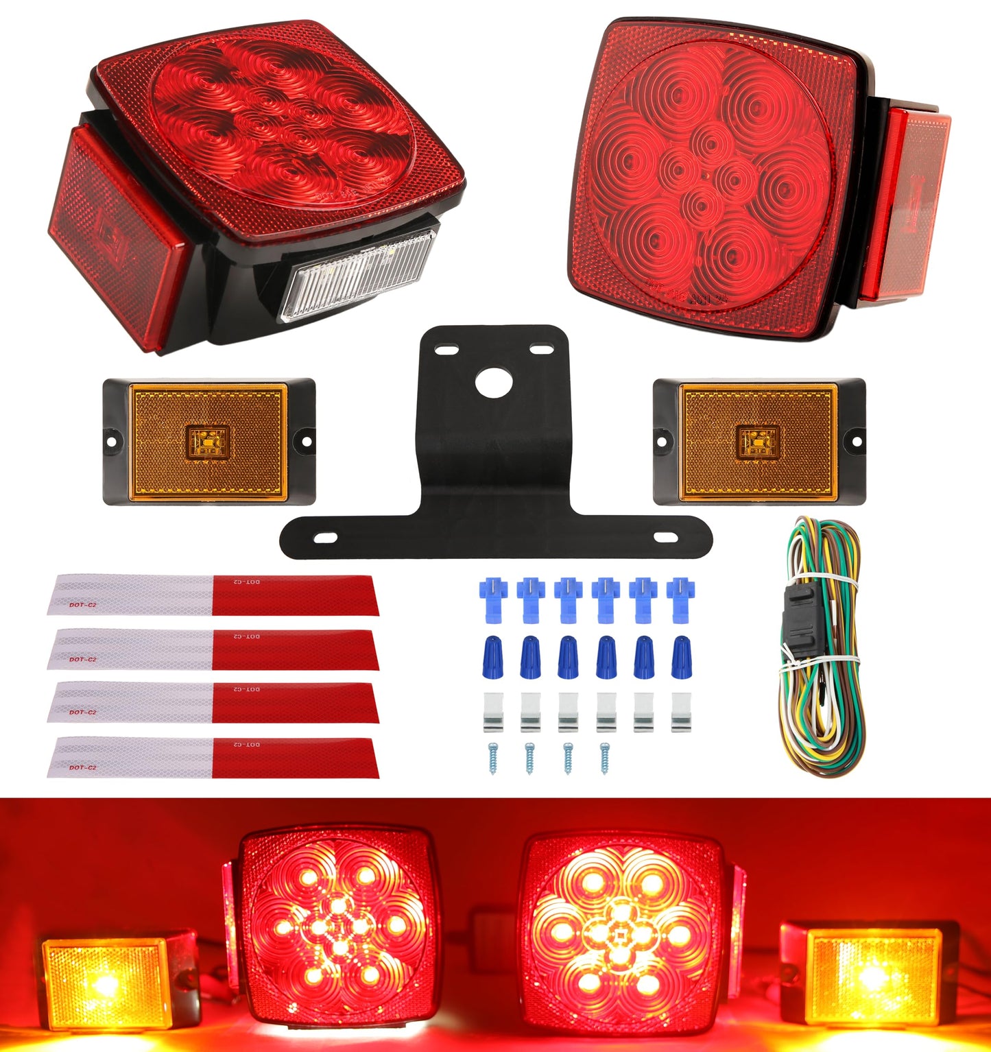 PEAKTOW Deluxe 12V LED Submersible Trailer Light Kit, Brake, Stop, Turn, Tail, License Plate Lights, IP68 Waterproof, DOT Compliant. PTL0108