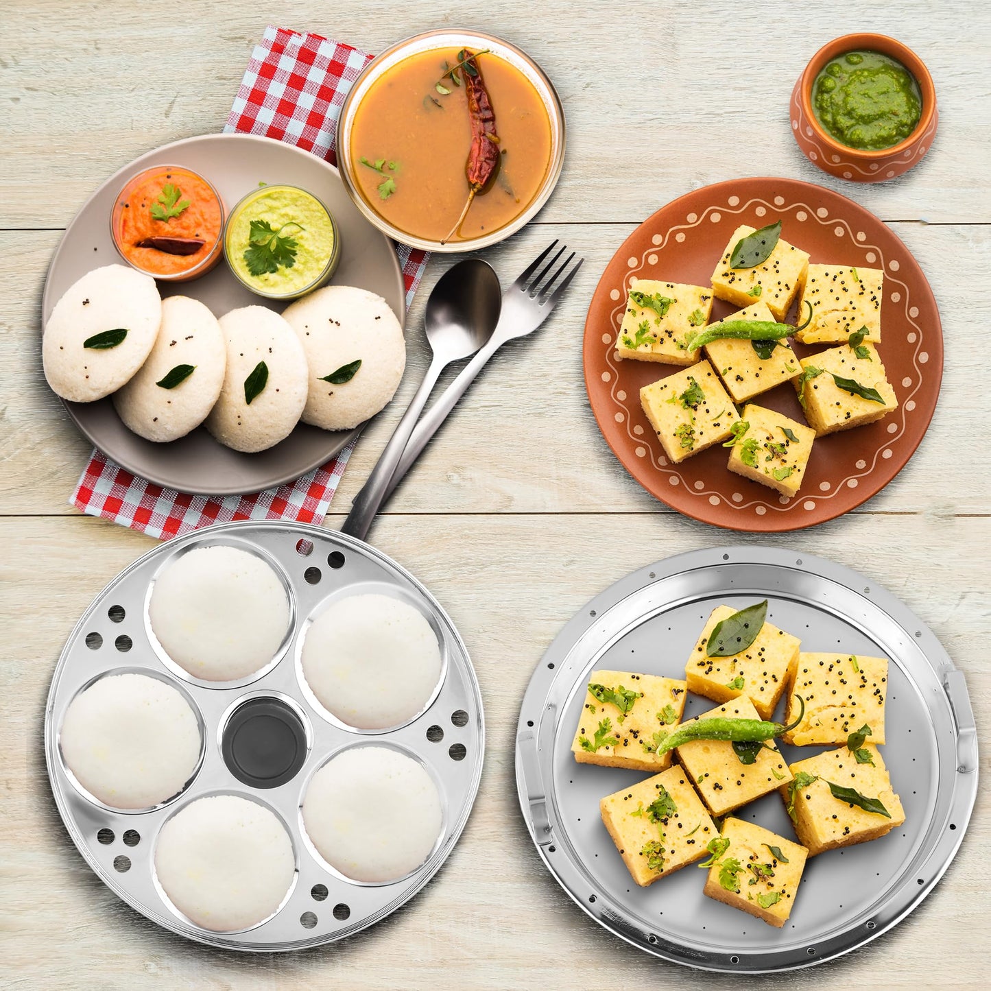 KSJONE See Through lid 5 Pcs Stainless Steel Induction Friendly Idli Cooker Multi Kadai for Indian Cooking with 3 idli Plates (15 Idlis), 1 Patra Plate and 1 Idli Spoon, Silver