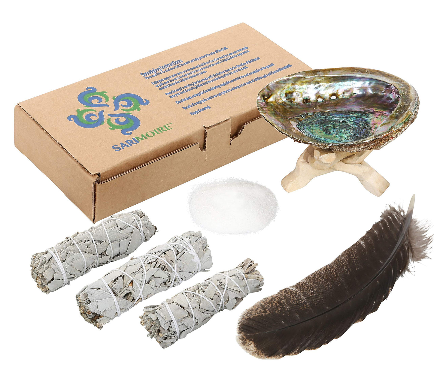 Sage Smudge Kit - White Sage Smudge Sticks ~ Abalone Shell 5-6 in ~ 2 in Tripod Stand ~ 10-12 in Feather and White Sand ~ The Perfect Smudge Kit