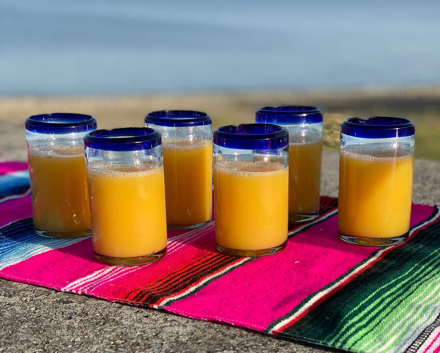 Dos Sueños - Hand Blown Mexican Tumblers - Set of 6 Glass Juice Glasses with Cobalt Blue Rims, 8oz (237ml)