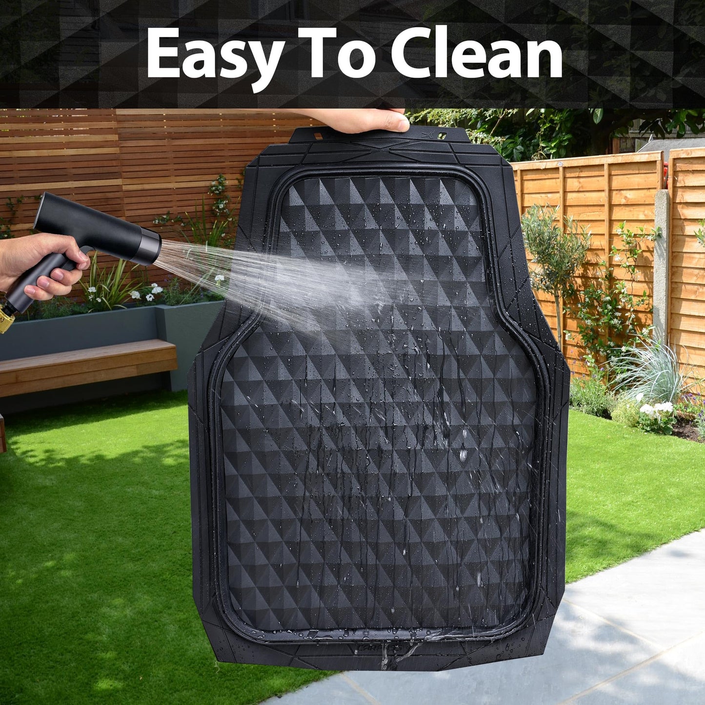 CAR PASS Rubber Car Floor Mats Full Set, Heavy Duty Deep Dish All-Weather Liners, 3D Anti-Slip Rhombus, Waterproof & Trim-to-Fit, Universal Fit for Cars, SUV & Truck, 3-Piece, Black