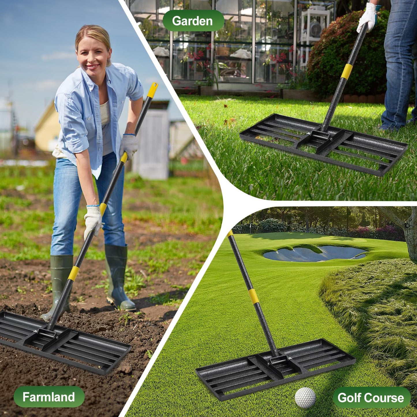 Lawn Leveling Rake, 30 Inch Heavy Duty Lawn Leveler with Adjustable Handle, Yard Soil Grass Dirt Leveling Rake Ground Level Tool (5FT)