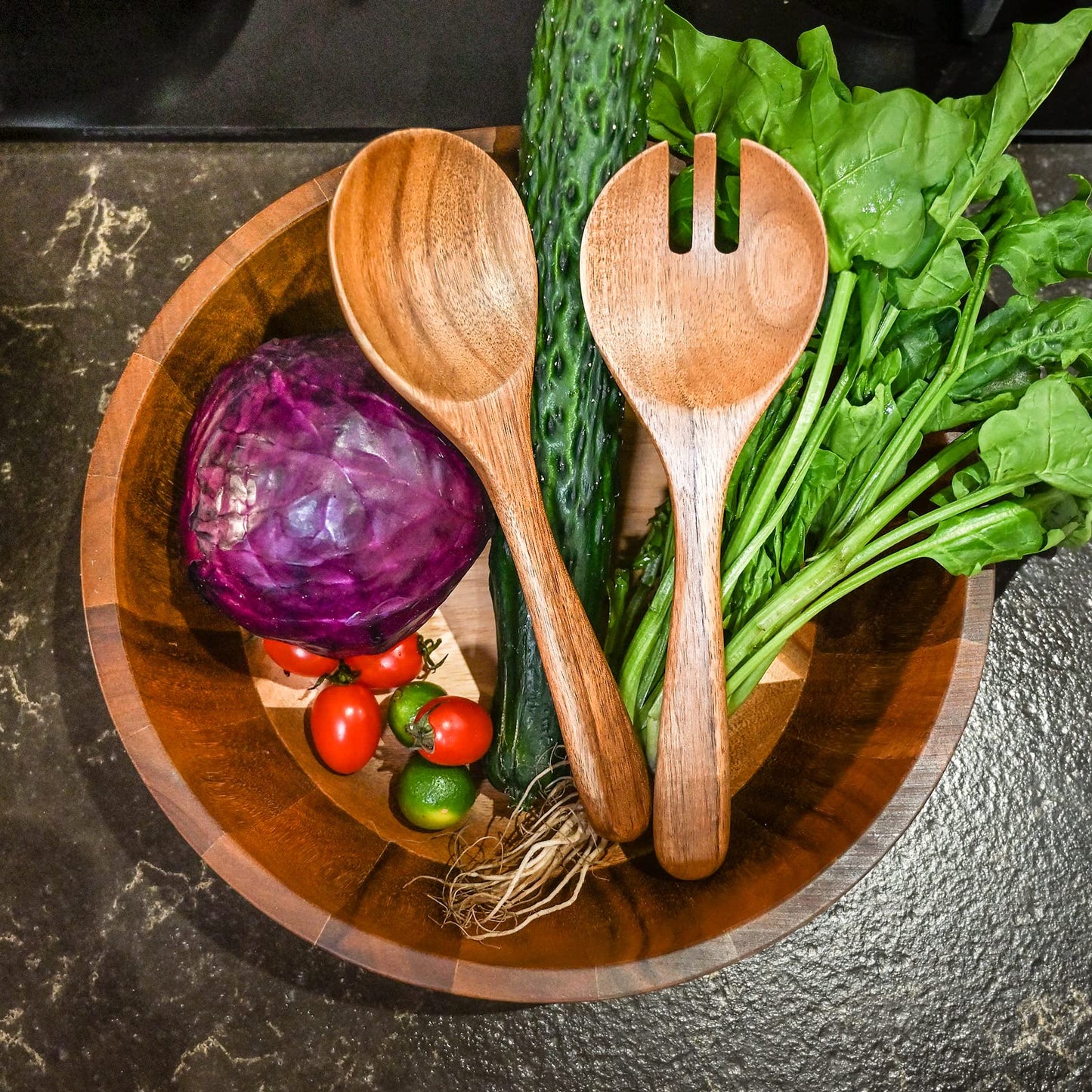 Bill.F Wooden Salad Bowl, 12'' Acacia Wood Salad Bowls Set Large Salad Mixing Bowl with Servers-3-Piece Big Salad Bowl Set
