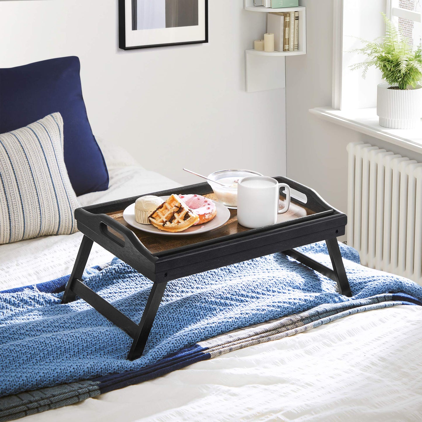 SONGMICS Bed Tray Table with Bamboo Folding Legs, Breakfast Tray for Sofa, Rustic Brown ULLD111B01