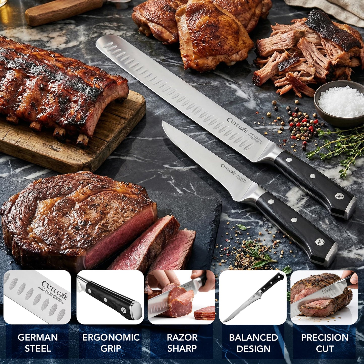 Cutluxe BBQ Carving Knife Set – Brisket Slicing Knife and Boning Knife for Meat Cutting – Professional Knife with Razor Sharp German Steel, Full Tang, Ergonomic Handles – Artisan Series