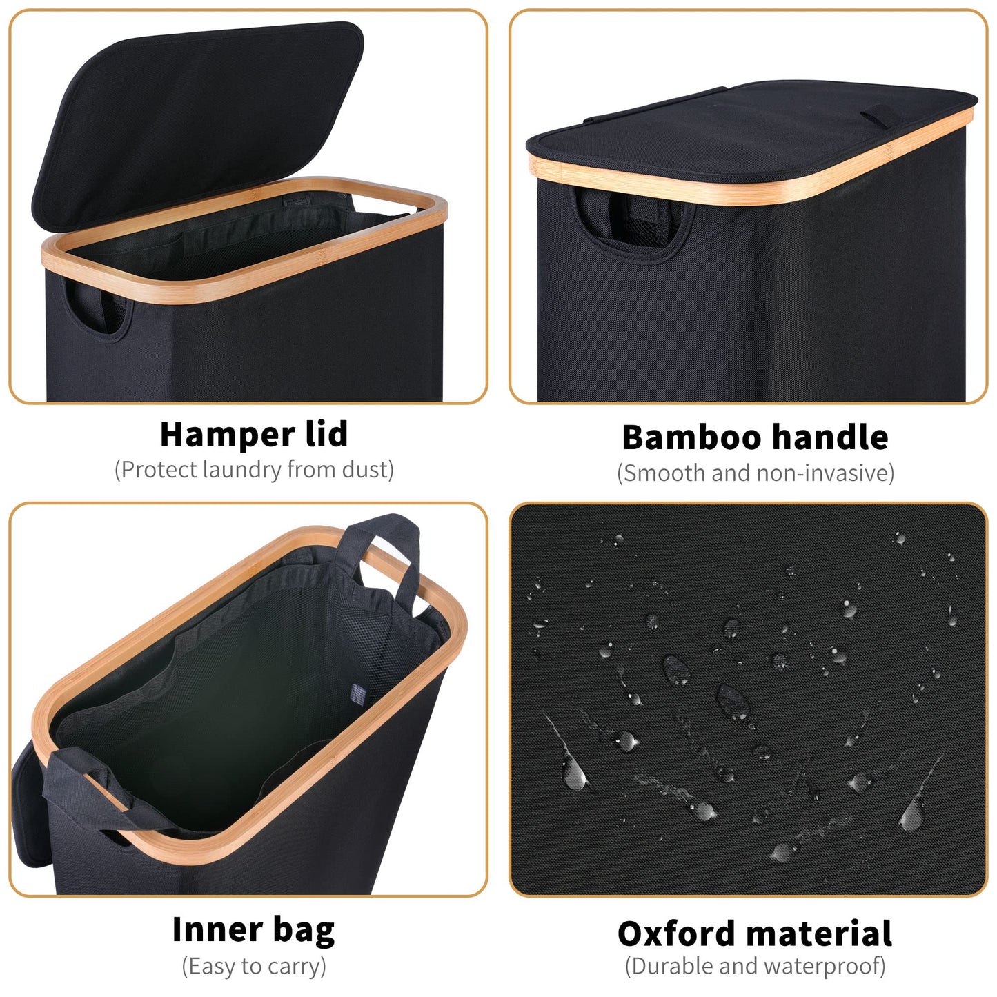 iEGrow 60L Slim Laundry Hamper with Lid Hampers for Laundry,Narrow Laundry Basket with Removable Inner Bag & Bamboo Handles Tall Thin Clothes Hamper for Clothes Towels Organization（Black）