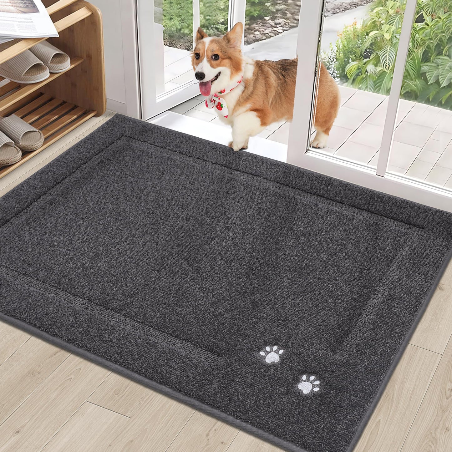 BEQHAUSE Dog Door Mat for Muddy Paws 32"x48", Absorbent Dirt Trapper Entryway Rug Non-Slip Washable Welcome Mat Soft Stain Resistant for Dogs Entry Indoor Door Mat, Dark Grey