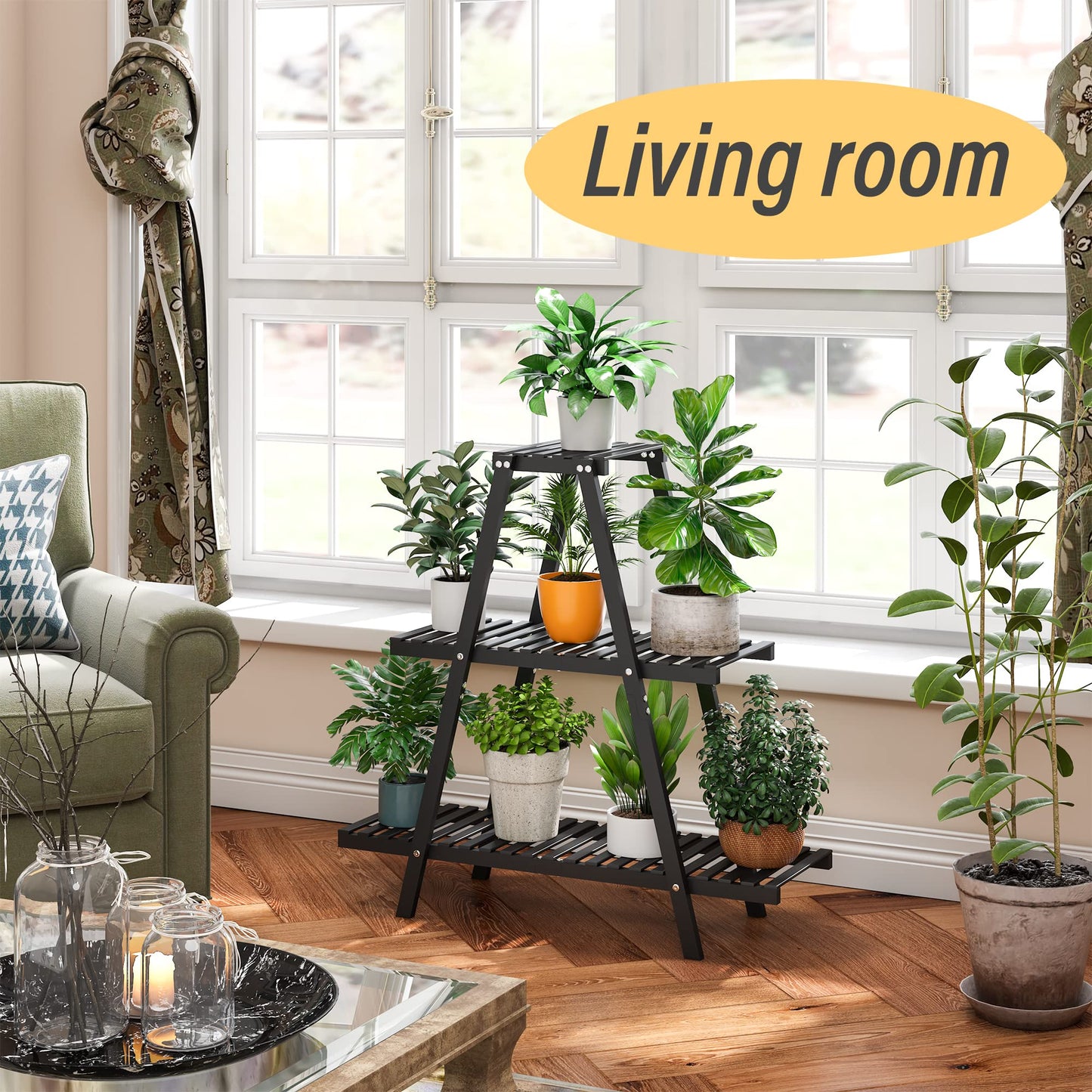 Plant Stand Indoor, Outdoor bamboo Plant Stands for Multiple Plants, 3 Tier 8 Potted Flower Holder Ladder Plant Rack,Plant Shelf Ladder Table Plant Pot Stand for Living Room, Patio, Balcony (3-Tier-Black)