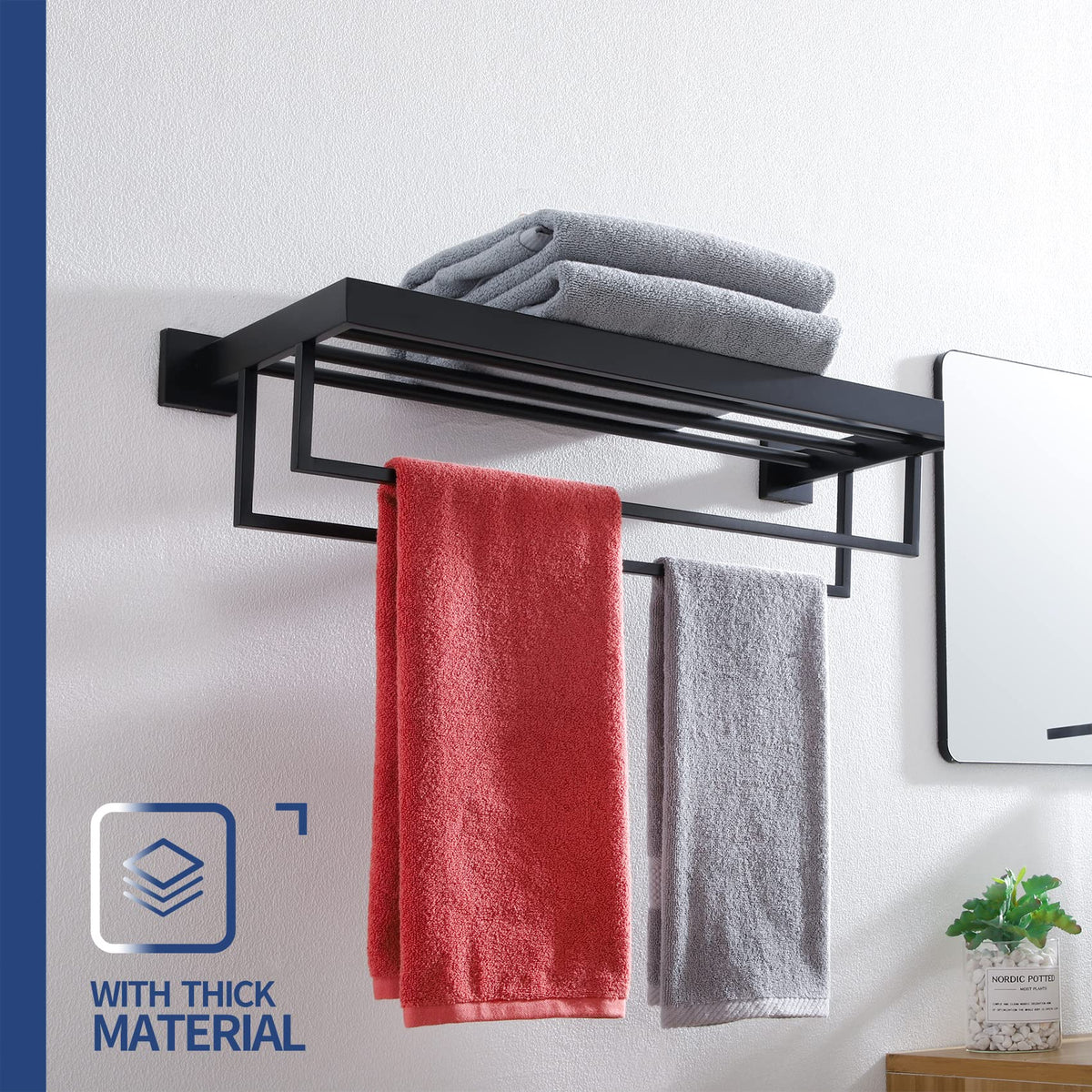 KOKOSIRI Matte Black Towel Rack 24'' Bathroom Towel Shelf with Double Towel Bars SUS304 Stainless Steel Wall Mounted, B6003BK