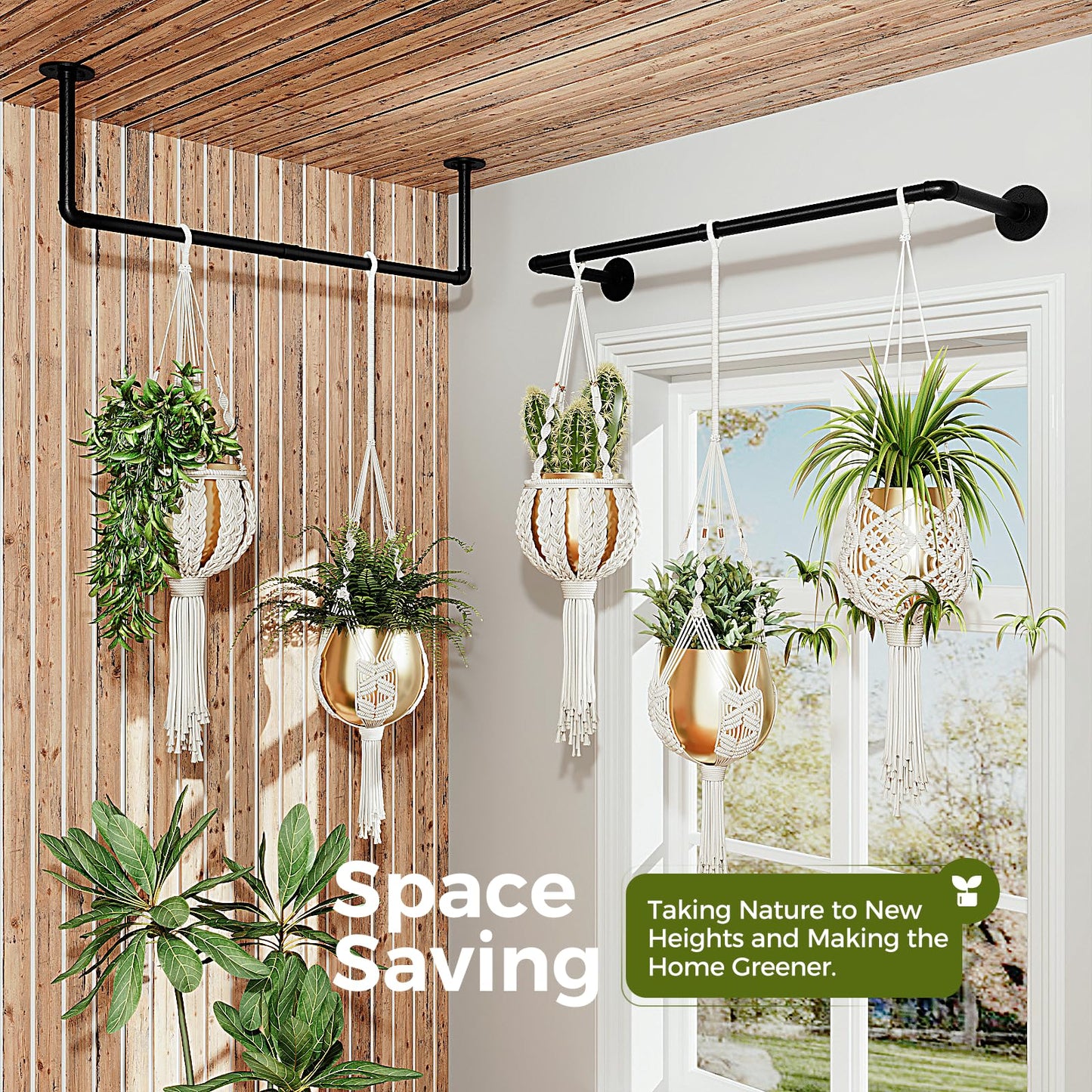 Bamworld Hanging Planters 2PCS for Indoor Plants Hanging Plant Holder Plant Hanger Indoor Ceiling Window Plant Shelves Wall Mount Black Metal Rod(Pot&Plant Not Included)