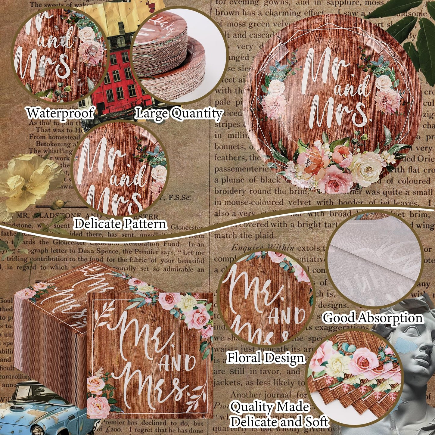 250 Pcs Bridal Shower Plates and Napkins Sets, 9'' Dinner Plate, 7'' Dessert Plate, 9 Oz Cup, Wedding Paper Plates for 50 Guests, Wedding Supplies Engagement Party Decorations - Retro Wood Grain