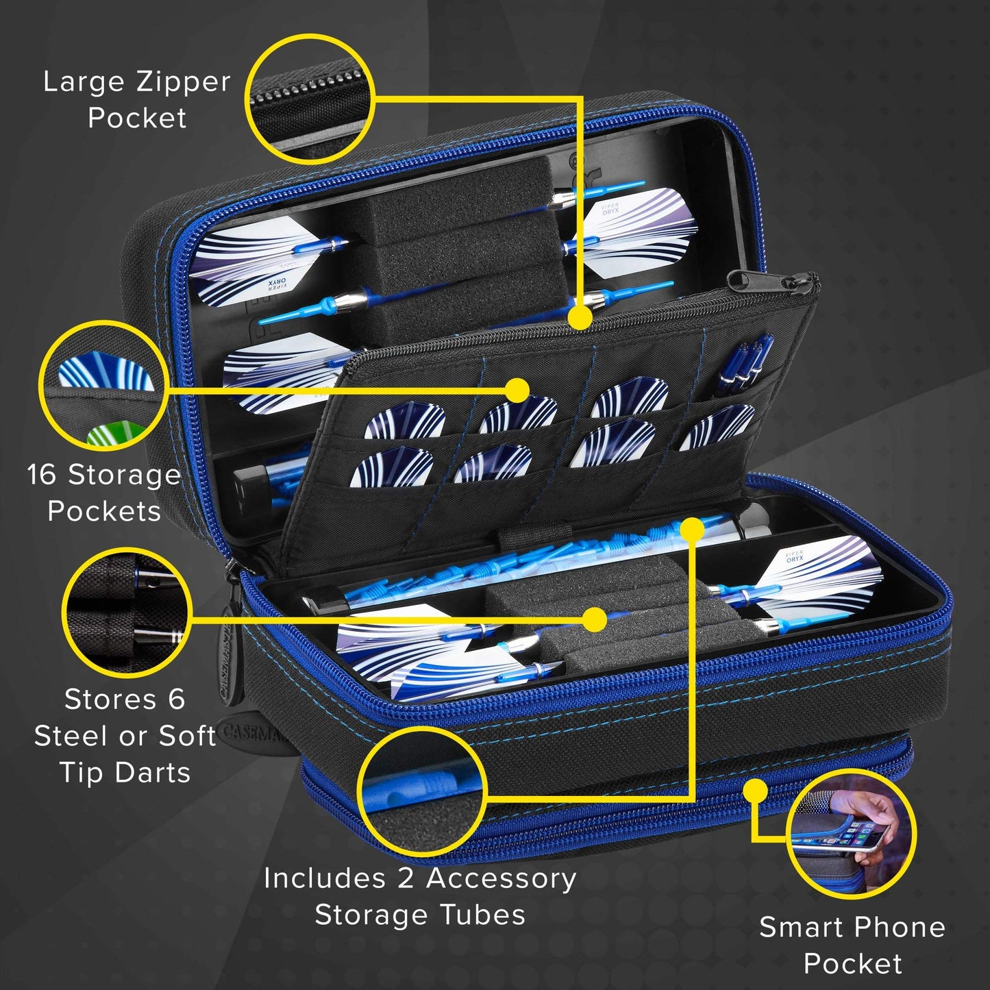 Viper by GLD Products Casemaster Plazma Pro Dart Case with Sapphire Zipper for Soft and Steel Tip Darts, Holds 6 Darts and Features Large Front Pocket for Mobile Device