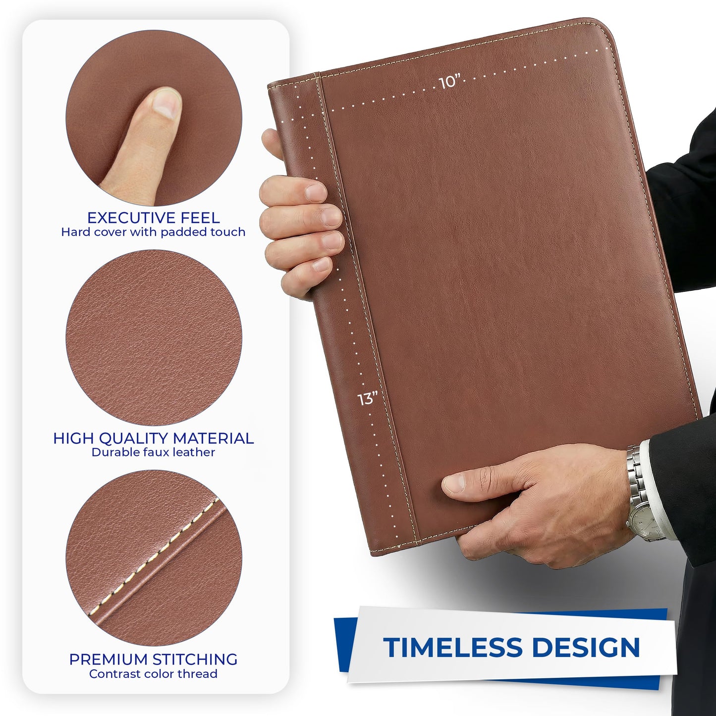 Samsill Contrast Stitch Leather Portfolio, 8.5 inch x 11 inch Writing Pad, Brown/Tan