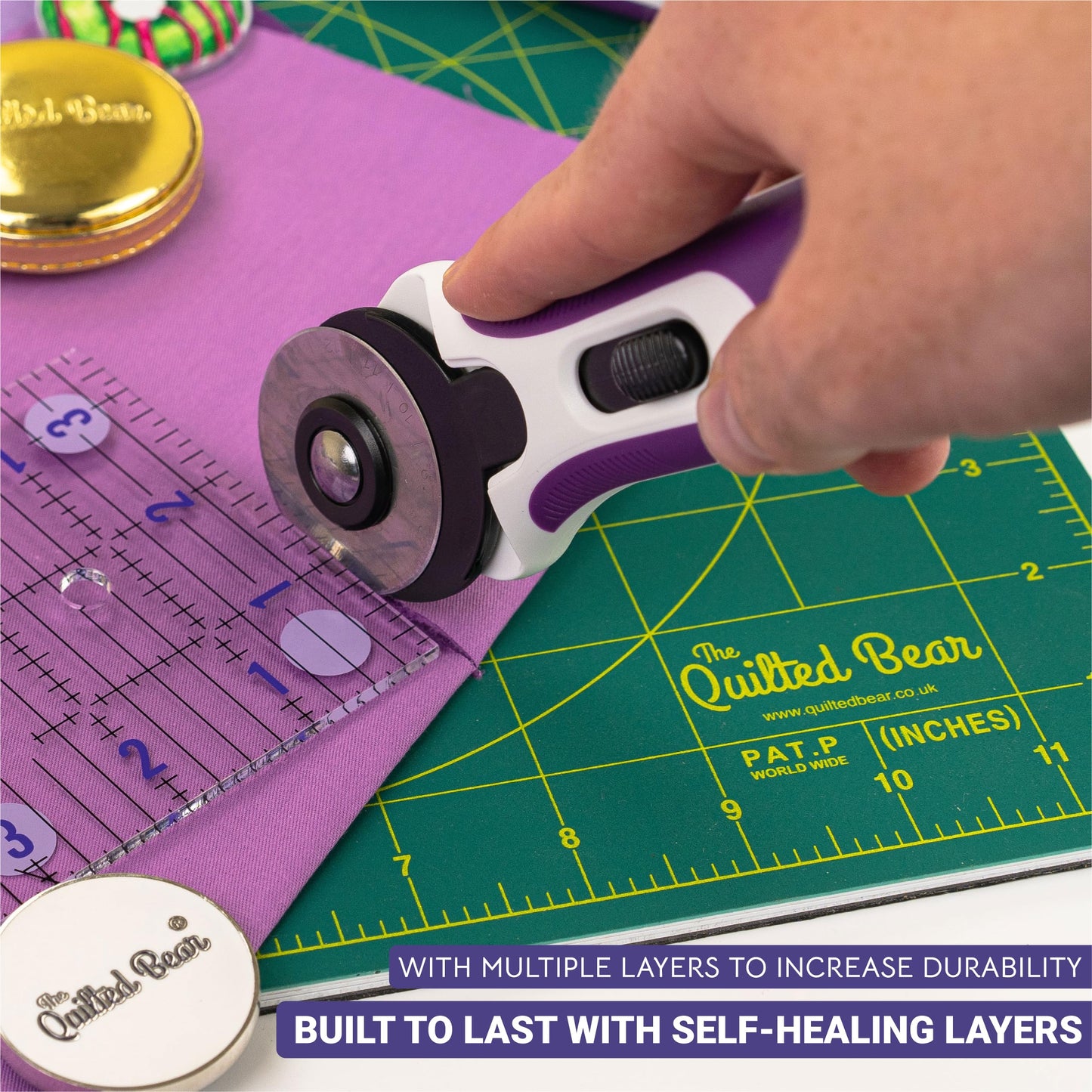 The Quilted Bear Rotating Cutting Mat - 12"x 12" Square Self Healing 360° Rotating Craft Cutting Mat with Innovative Locking Mechanism for Quilting & Sewing (Green)