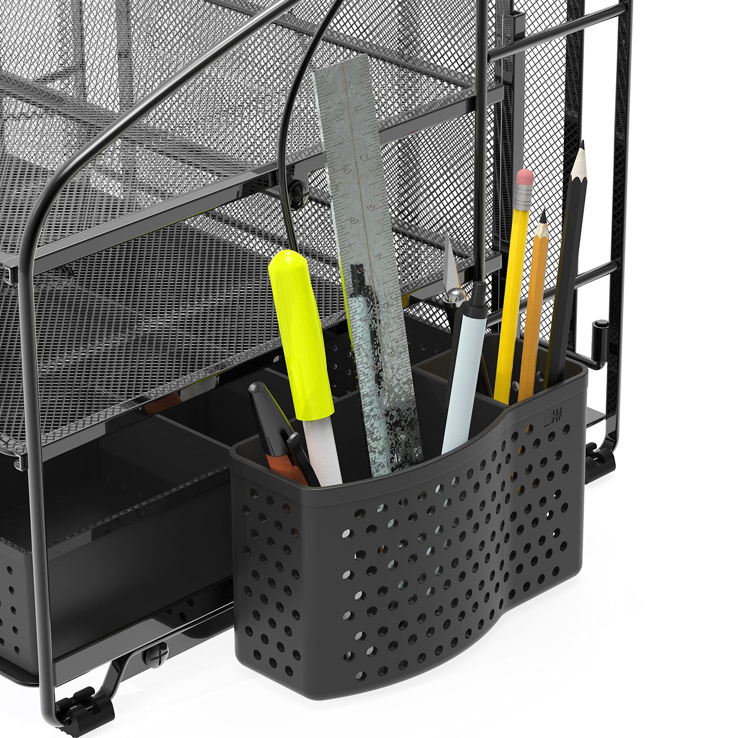 Simple Houseware 3 Tier Desk Organizer with Sliding Drawer, Hanging File Holder and Pen Holder Accessory, Black