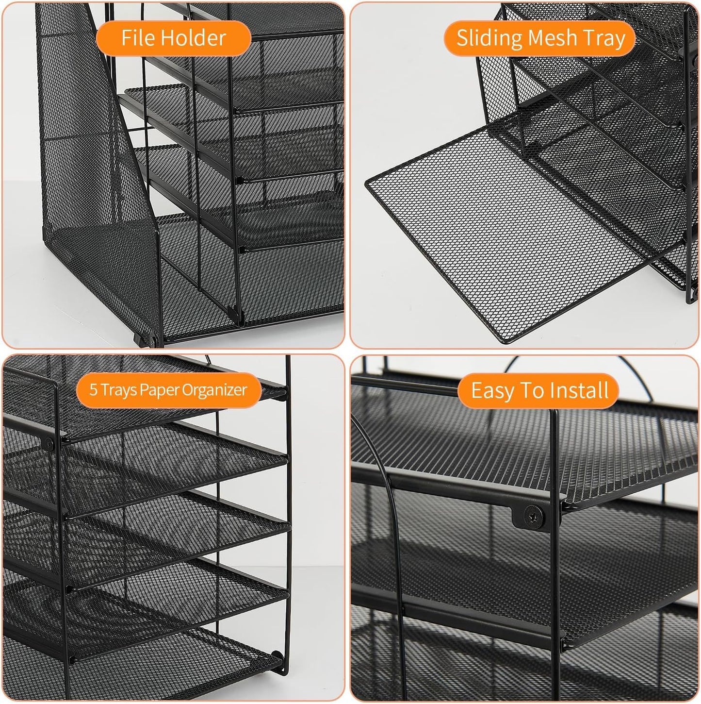 Gugsey Desk Organizer with File Holder, Organisateur et Accessoire de Bureau, 5-Tier Paper Letter Tray, Mesh Desktop File Organizers, Organization and Storage for School, Home, Office (Black)