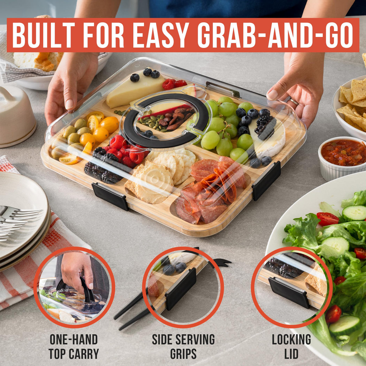 Chef Pomodoro Travel Charcuterie Board with Lid, Serving Tray, Portable, Covered Tray with Lid, Cheese Platter, Wood Grazing Board with 6 Compartments 14.4 X 11.4 in (36.7 X 29 cm)