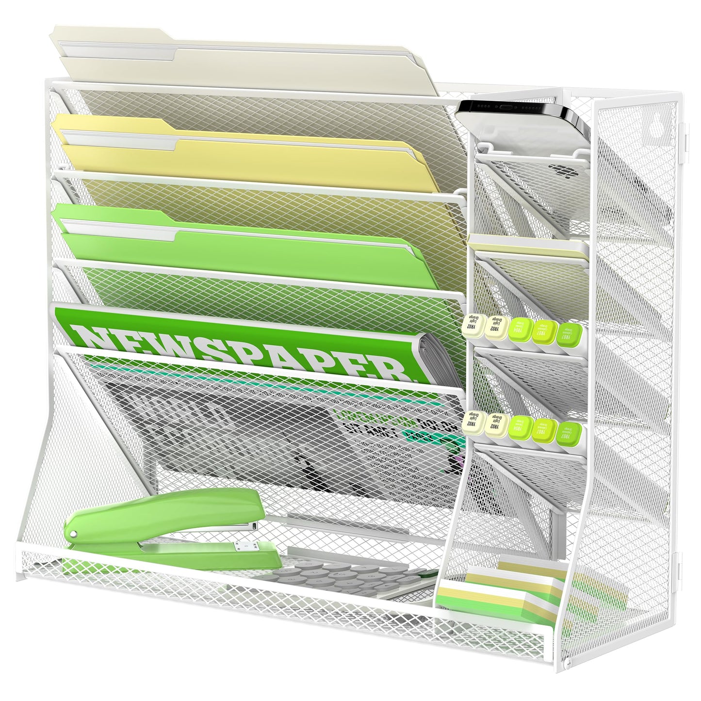 SUPEASY Wall File Organizer, 5-Tier Desk Organizer with 4 Pen Holders, Wall Organizer for Office with R-shaped Bottom Tray, Desk Organizers and Accessories for Office Supplies, White