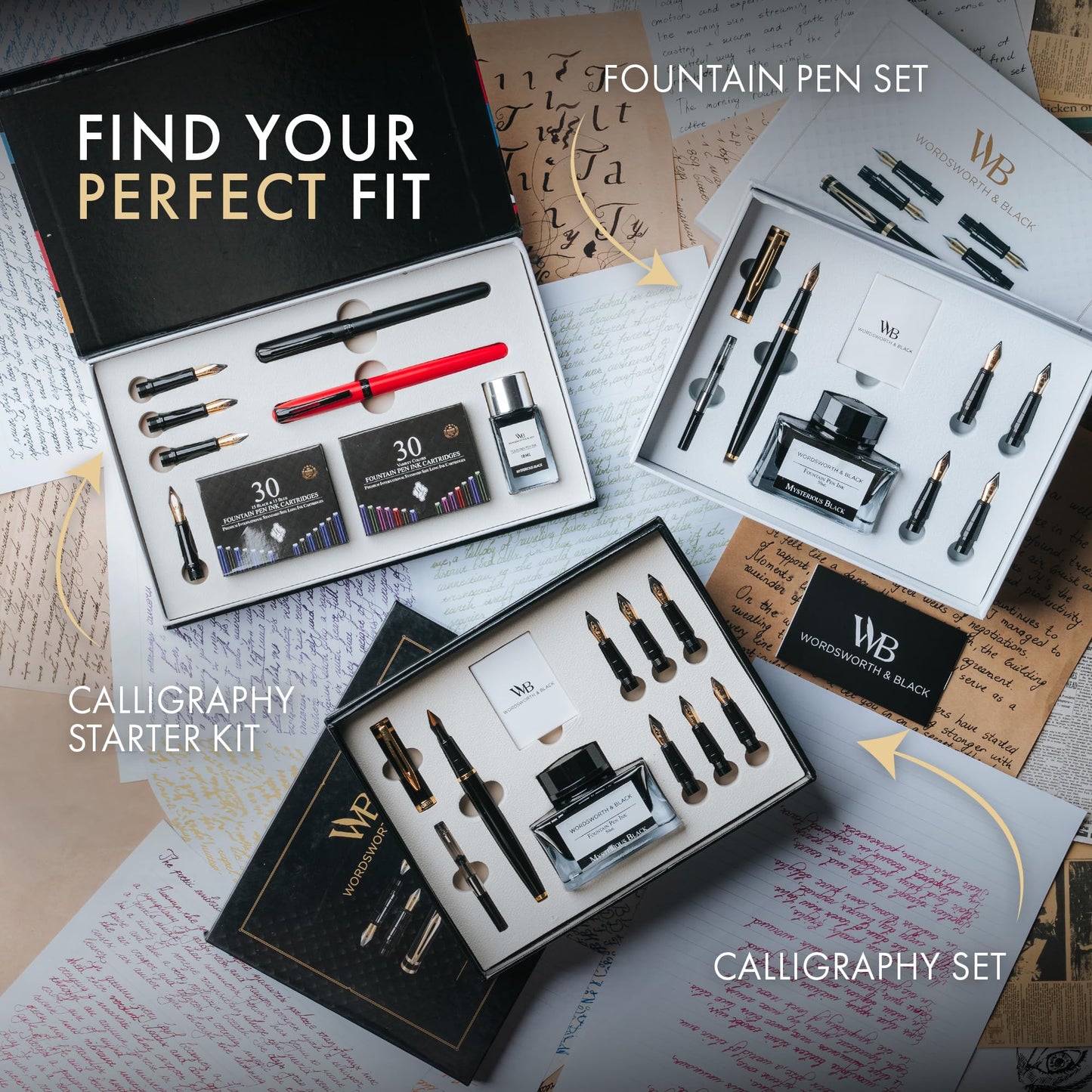 Wordsworth and Black Calligraphy Pen Set - Black - Includes 2 Calligraphy Pens, 18 ML Ink Bottle, 60 Ink Cartridges, A Refill Converter, 1 Medium and 4 Broad Nibs, Brush Pen