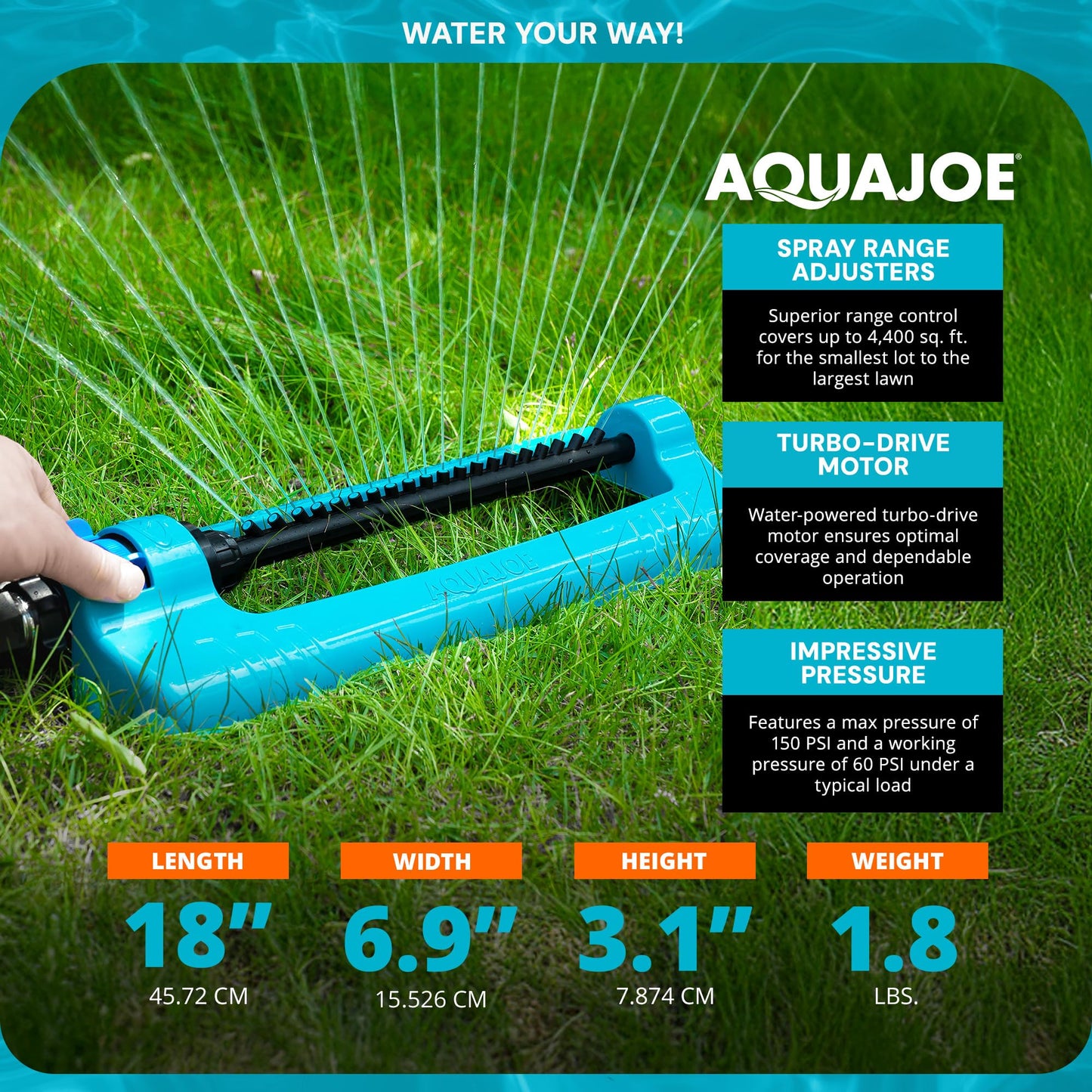 Aqua Joe SJI-OMS20 Jumbo Oscillating Sprinkler with Adjustable Spray and Metal Base, Up to 4,400-Square-Foot Coverage, 70-Foot Spray Distance, 63-Foot Width