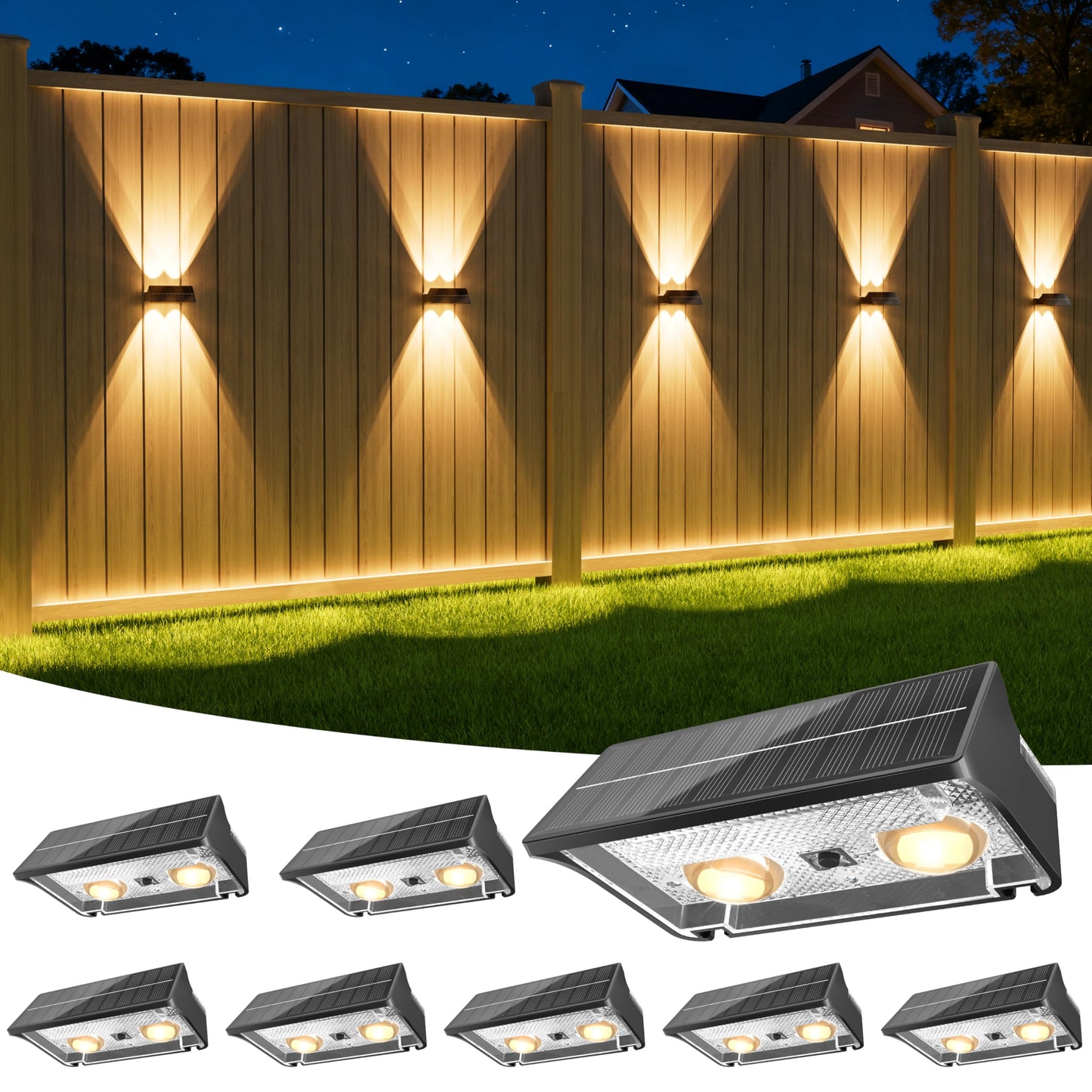 NIORSUN Solar Fence Lights Outdoor, 8 Pack Up and Down Waterproof Solar Wall Lights, Fence Lights with Lens, Warm & Cool White + RGB, Dusk to Dawn Lighting for Patio, Backyard, Pool, Railing (Black)