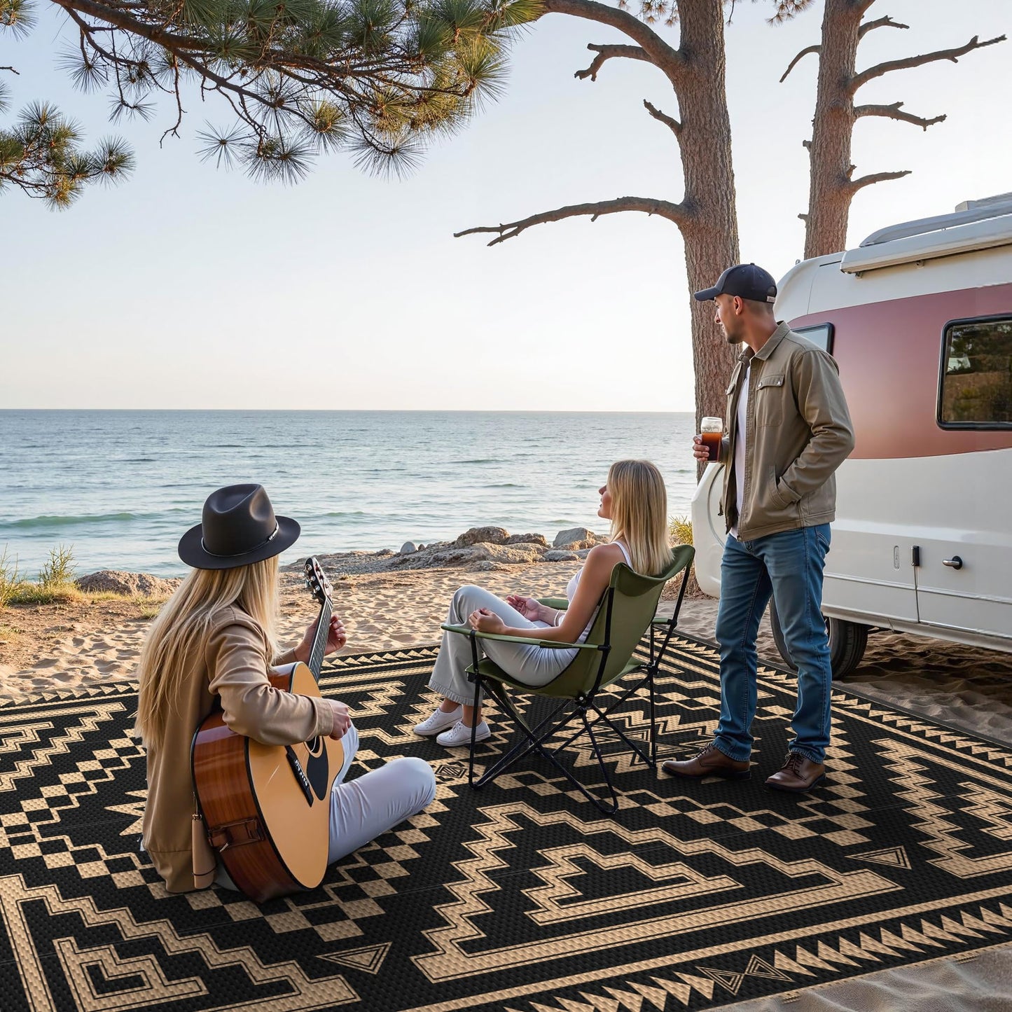 GENIMO Outdoor Rug for Patio Clearance - 5x8 ft Waterproof Plastic Camping Rugs, Reversible Outside Rv Mat Carpet for Porch, Deck, Picnic, Balcony, Beach, Backyard, Black Brown
