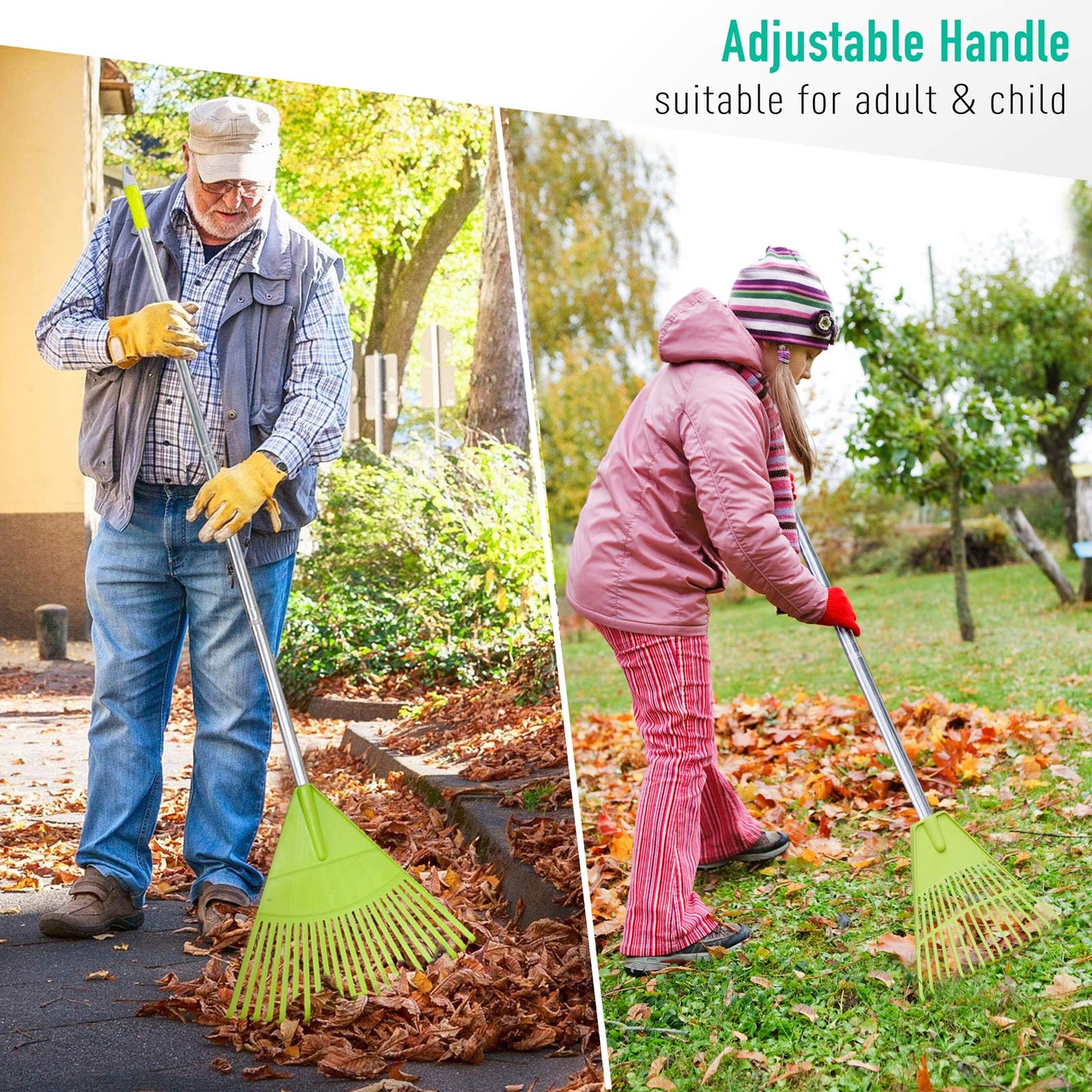 Colwelt Plastic Leaf Rake Set, Garden Poly Shrub Rake with 56’’ Lightweight Stainless Steel Handle, Durable Plastic Head 22Tines & 15Tines, Garden Rake Leaf to Collect Loose Debris Among Plants, Lawns