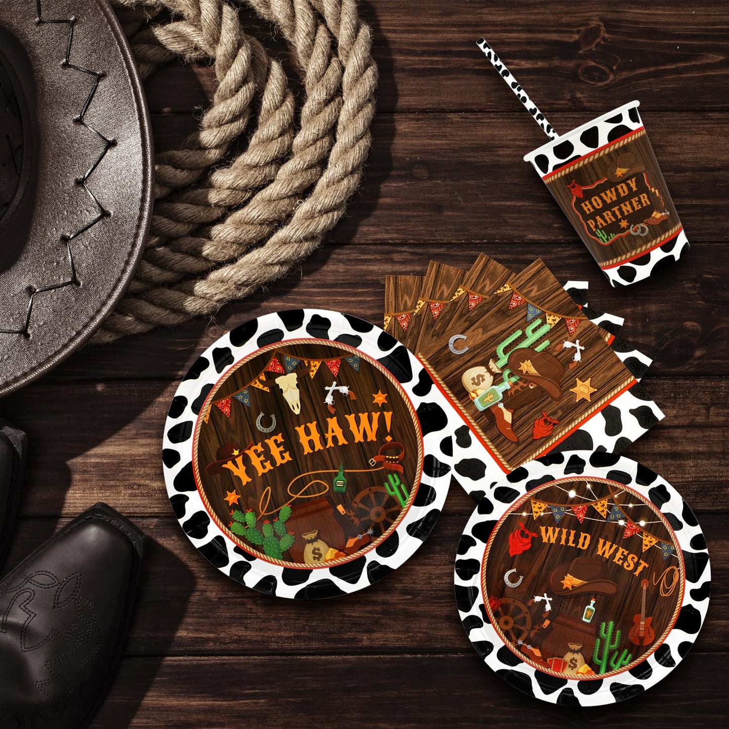 Western Birthday Party Supplies Decorations, Cowboy Wild West Theme Birthday Paper Plates and Napkins Set with Cups and Straws for 24 Guests, 120 Pcs Disposable Party Dessert Dinnerwares