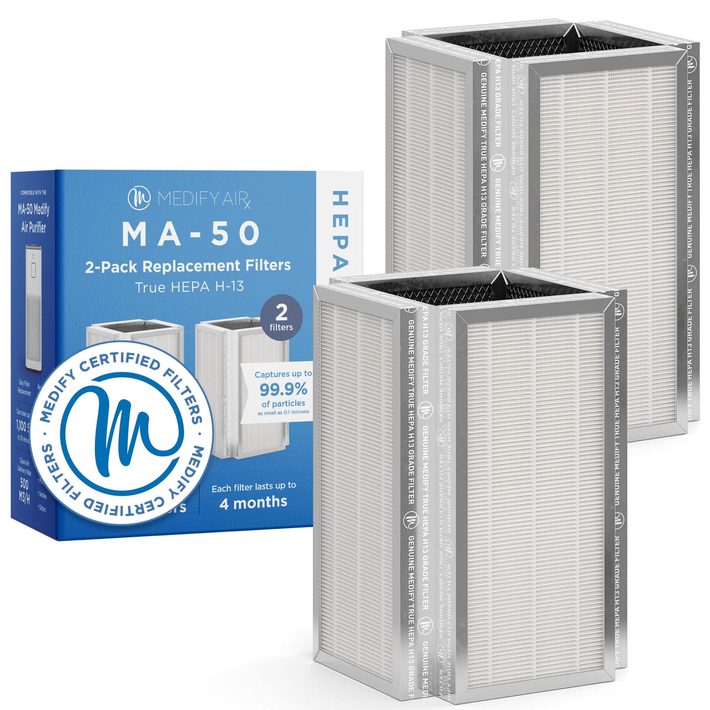 Medify Air MA-50 Genuine Replacement Filter | for Smoke, Smokers, Dust, Odors, Pet Dander | 3 in 1 with Pre-Filter, H13 HEPA, and Activated Carbon | Removal to 0.1 Microns | 2-Pack