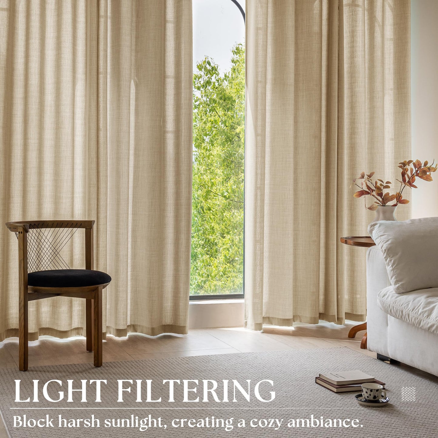 Oatmeal Semi Sheer Linen Curtains 84 Inches Long, Bronze Grommet Sand Beige Privacy Light Filtering Bay Window Patio Door Farmhouse Boho Neutral 84 Inch Curtains for Bedroom Living Room Warm Beige