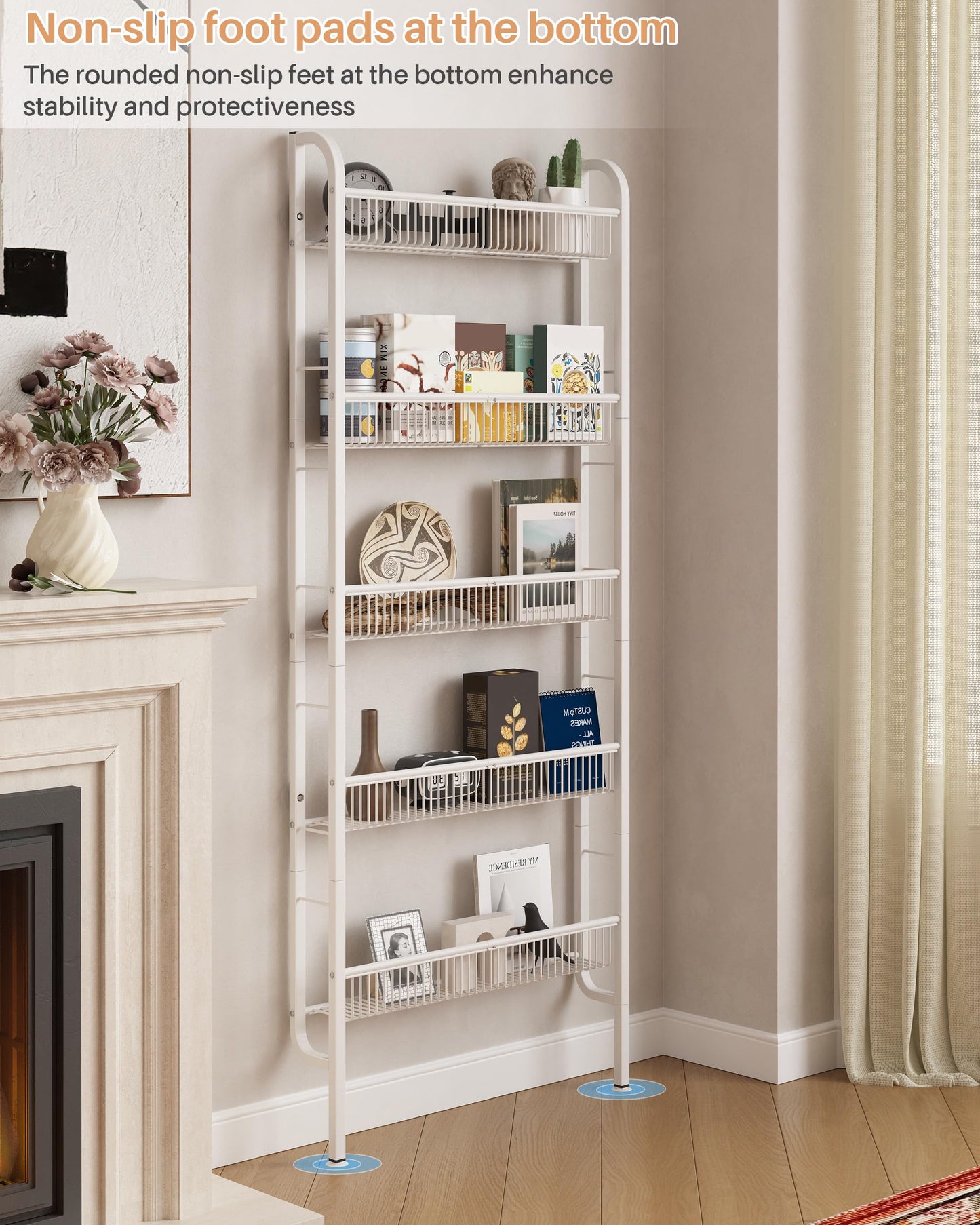 UMDONX Narrow Metal Storage Shelf Behind Door Organizer 5 Tier, Bookshelf Bookcase Book Rack Bathroom Shelving Unit Multifunctional (White 62x9x160cm)