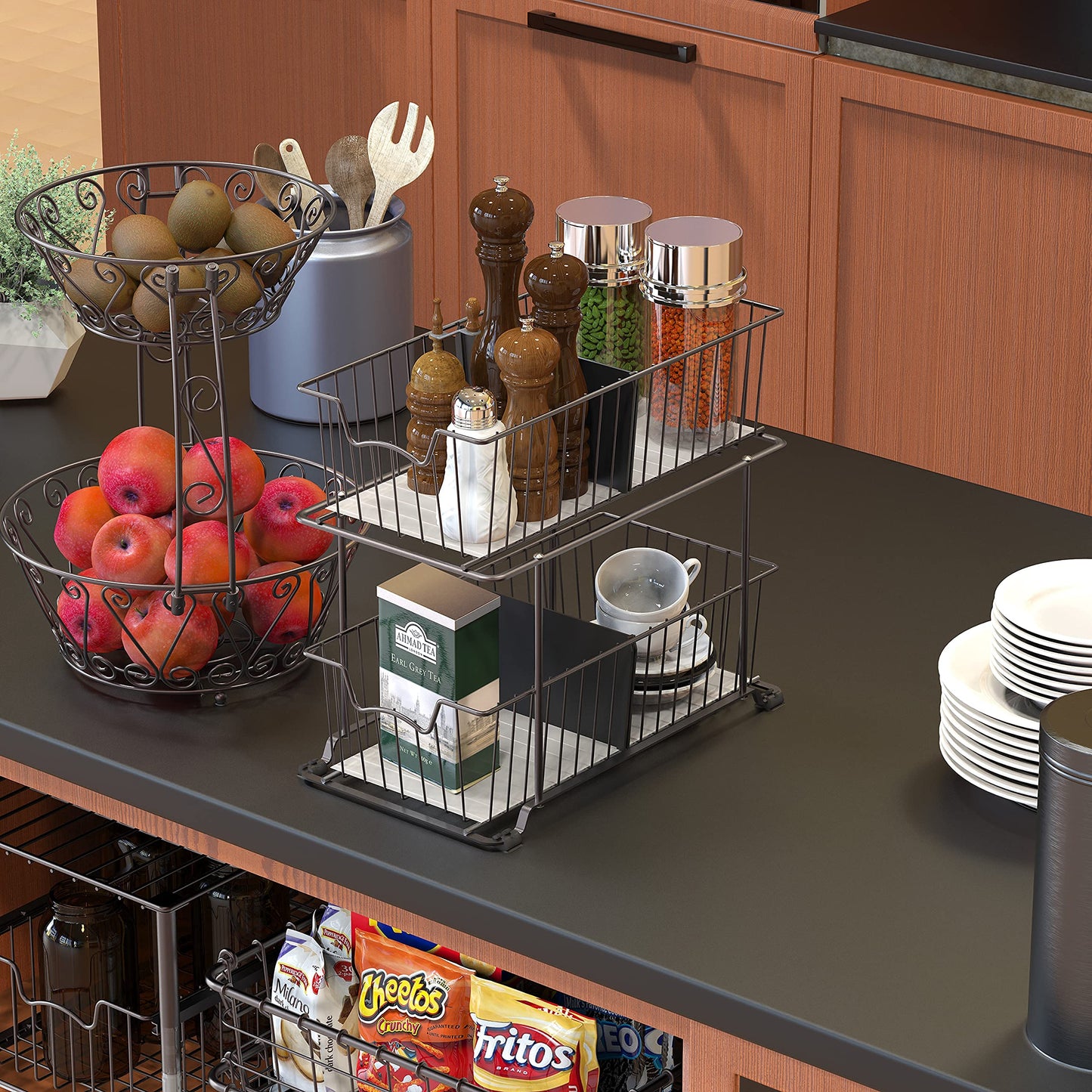 Simple Houseware 2 Tier Pull Out Cabinet Wire Basket Drawer Organizer for Under Sink, Kitchen, and Bathroom, Brown
