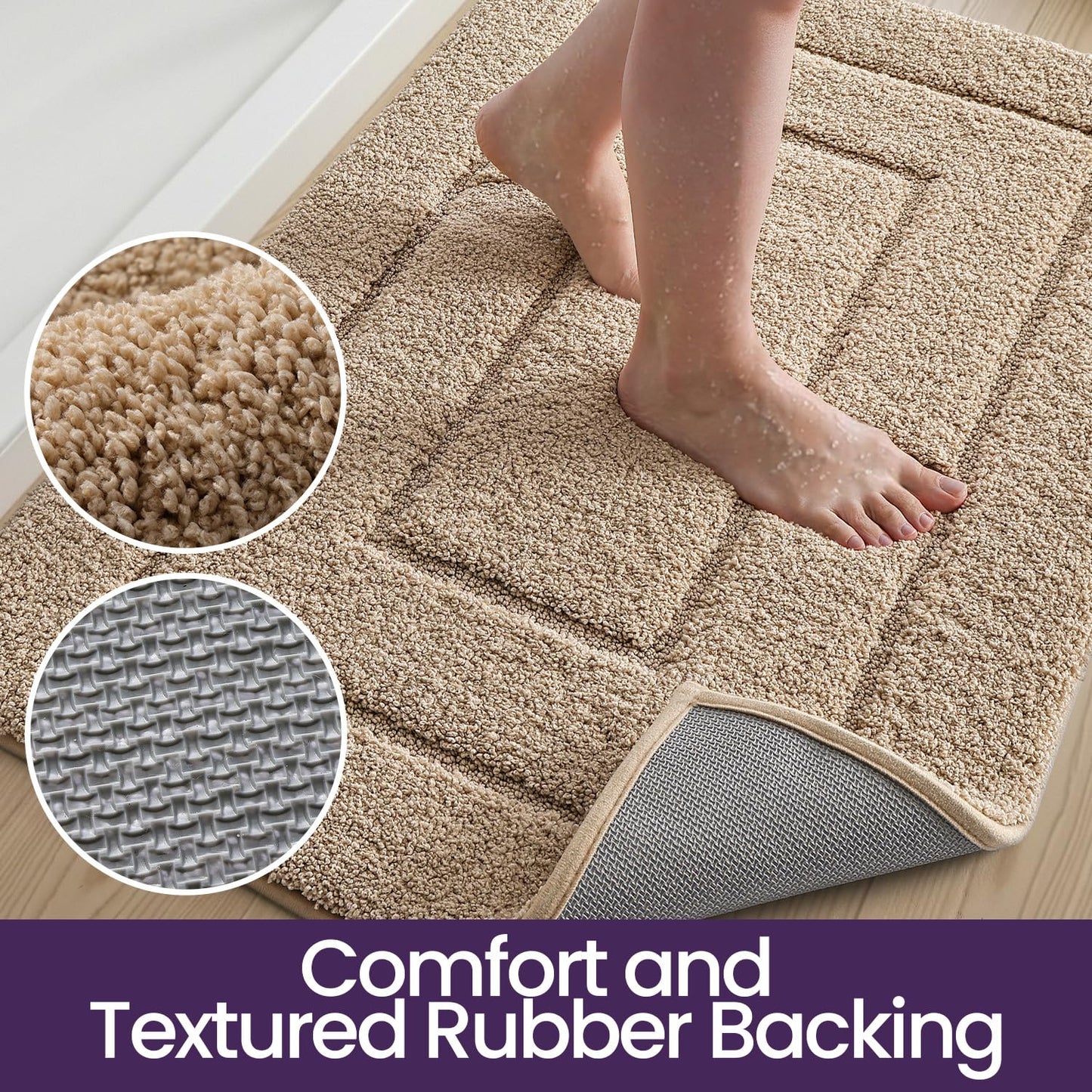 DEXI Bath Mat Non Slip, 24x60 Absorbent Microfiber Soft Bathroom Rug, Machine Washable Carpet for Shower Floor Bathmat Decor, Beige