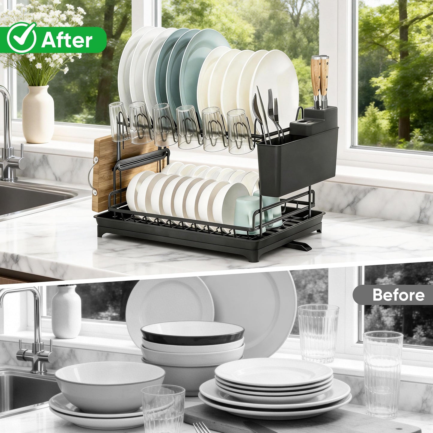 Veinvify 2 Tier Dish Drying Rack Carbon Steel Screw Free with Drainage Board Kitchen Counter Plate Bowl Utensil Holder Space Saving Black