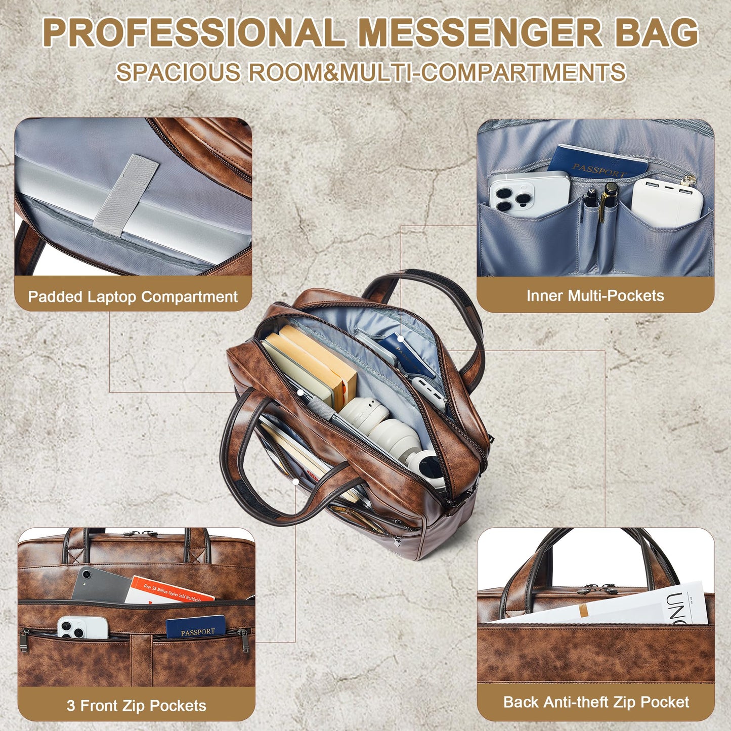 Shrrie Leather Messenger Bag for Men&Women 16 inch Laptop Bag,Water-Resistant Retro Leather Briefcase for Men Business,Work