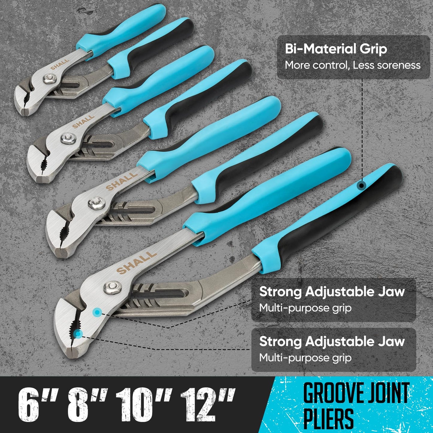 SHALL 8-Piece Adjustable Wrench & Water Pump Pliers Set, 12/10/8/6 Inch, 4Pcs Adjustable Tongue and Groove Joint Pliers and 4Pcs Wide Jaw Forged Steel Wrench for Plumbing, Gripping, Auto Home Repair