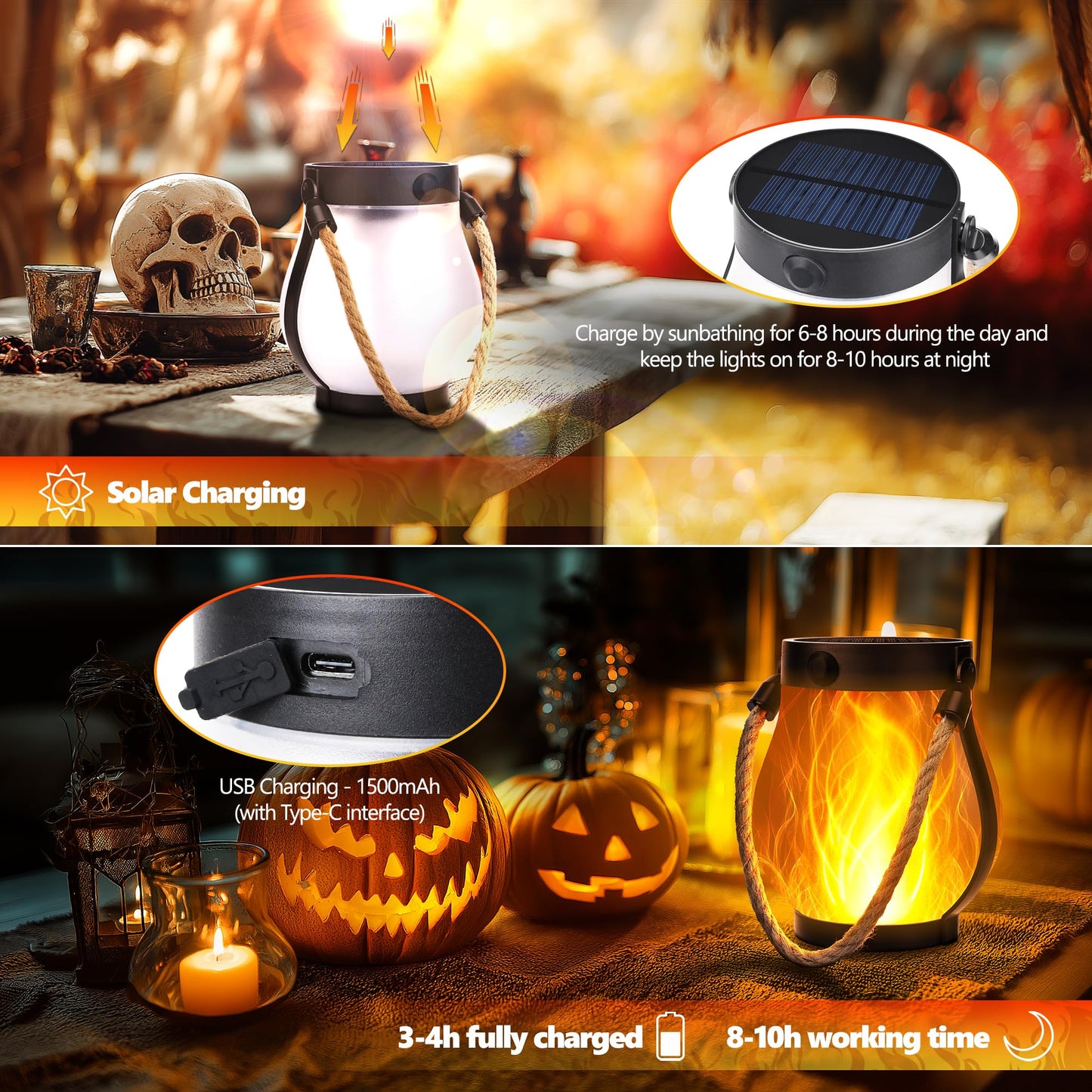 iBaycon 2 Pack Solar Lanterns Lights, Halloween Flickering Flame Garden Lights with 2 Modes Dual Charging USB & Solar, Outdoor Waterproof Hanging Lantern for Party Holiday Halloween Decor (Warm White)