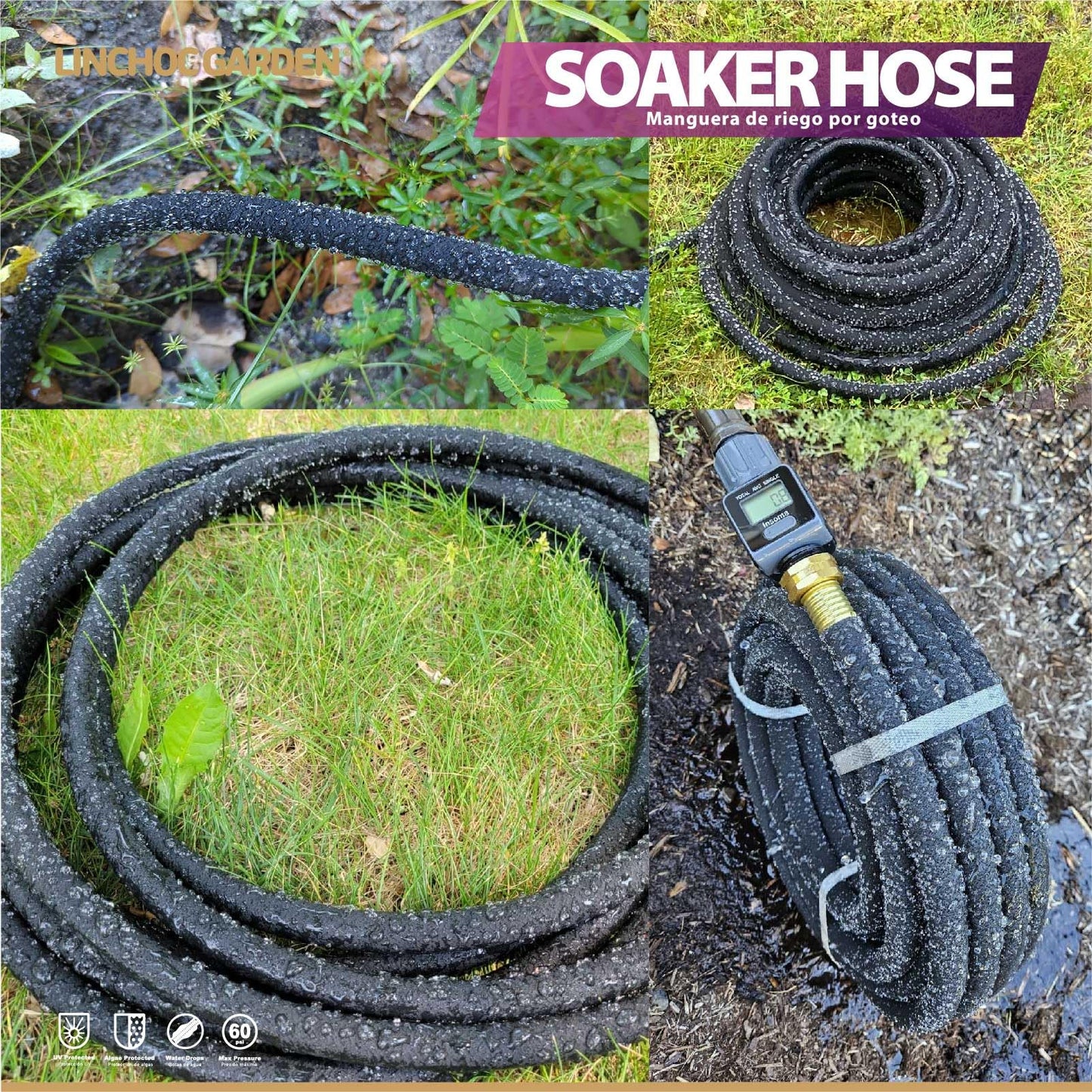 LICNCHOC Garden Soaker Hose, 1/2 Inch Flexible Durable Garden Hose for Efficient Watering, Leak-Proof Design 100% Recycled Rubber, Ideal for Lawns, Gardens & Flower Beds (100 FT)