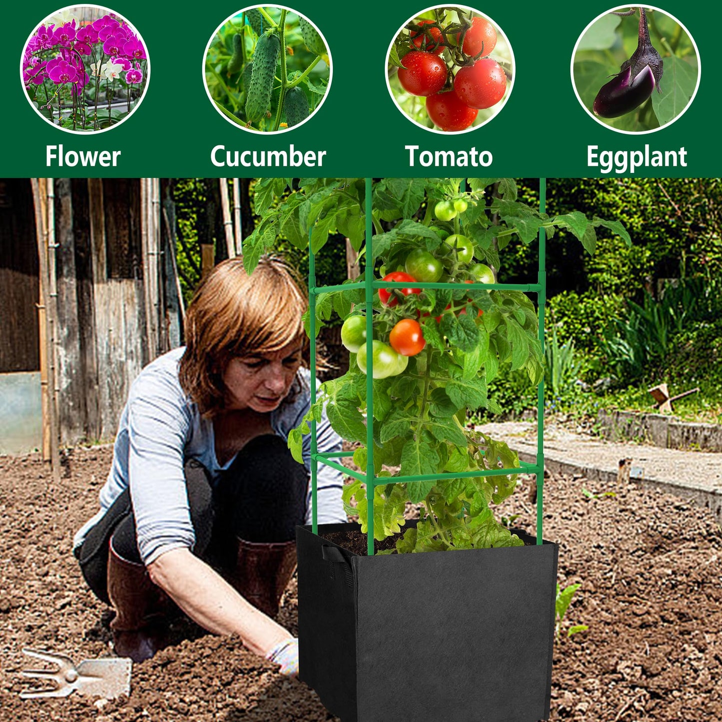 3 Packs 47 x 16 x 16 Inch Garden Tomato Cages with 17.7 Gallon Grow Bags- Square Plant Support Trellis Assembled with Felt Planter Bags- Garden Cucumber Vegetables Frames for Vertical Climbing Plants