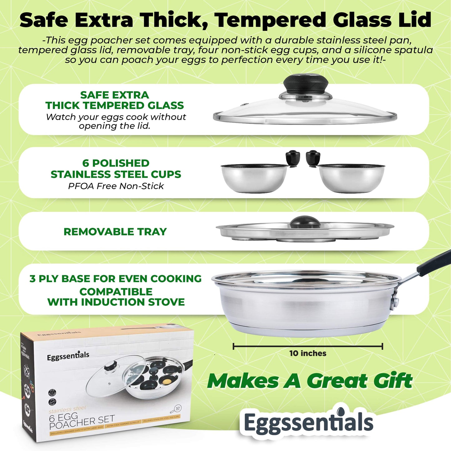 Egg Poacher Pan Nonstick Poached Egg Maker, Stainless Steel Egg Poaching Pan, Poached Eggs Cooker Food Grade Safe PFOA Free with Spatula, Egg Poachers Cookware