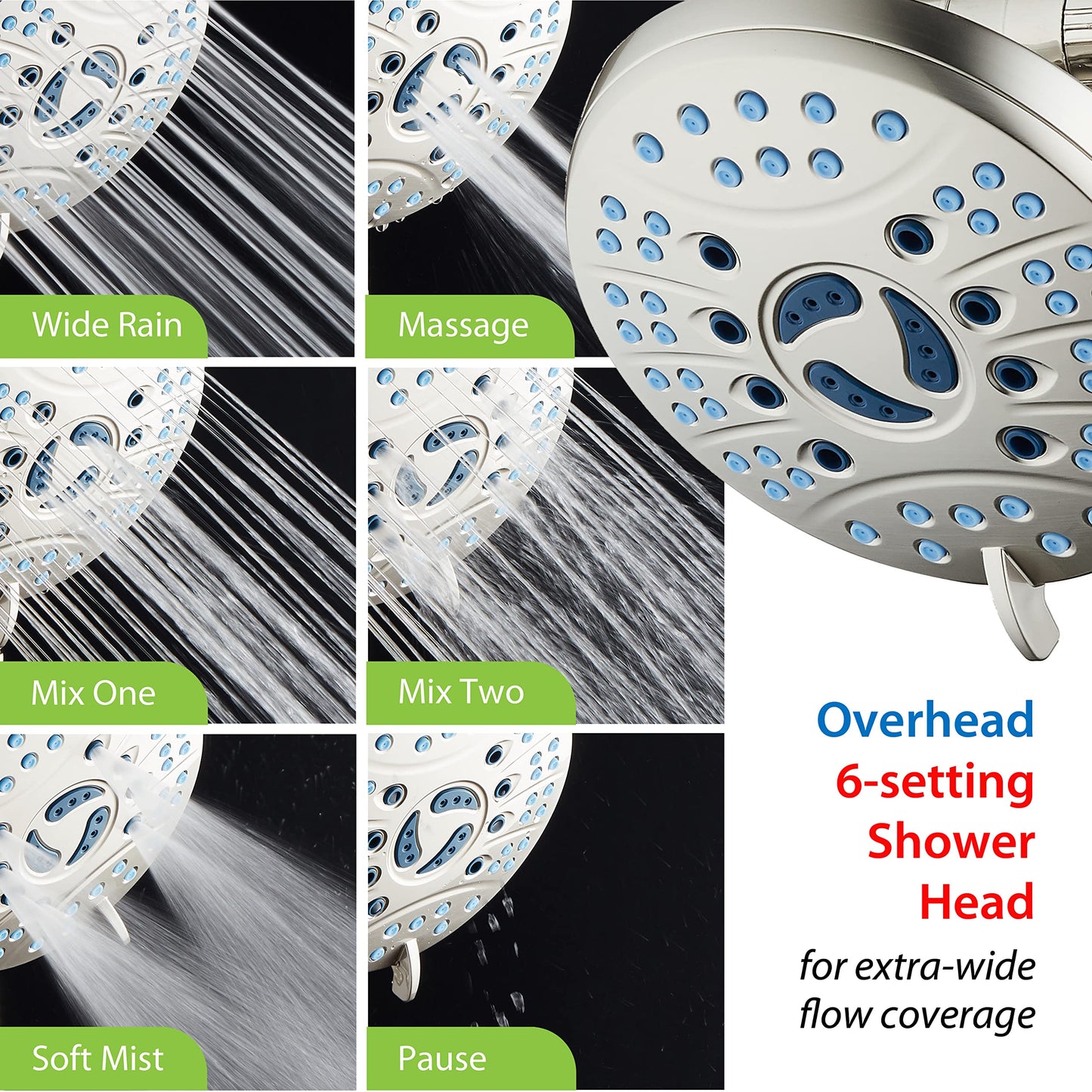 AquaCare As-Seen-On-TV High Pressure 48-setting Rain & Handheld 3-way Shower Head Combo - Anti-clog Nozzles/Tub, Tile & Pet Power Wash/Extra Long 6 ft. Stainless Steel Hose/Satin Nickel Finish