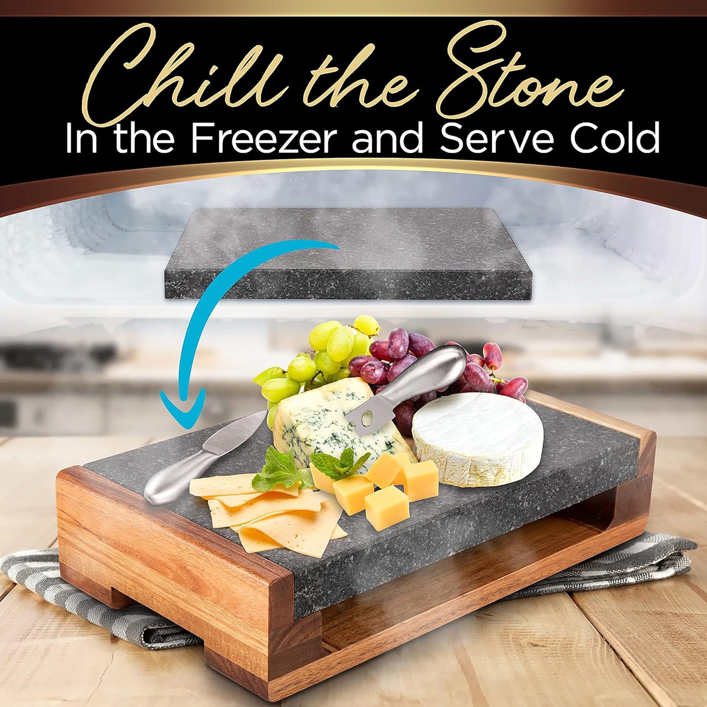 Nutrichef Hot Stone Steak Serving Set – Natural Granite Cooking Stone with Wooden Tray, Keeps Food Hot Longer, Restaurant-Style Steak, Seafood & Appetizer Platter