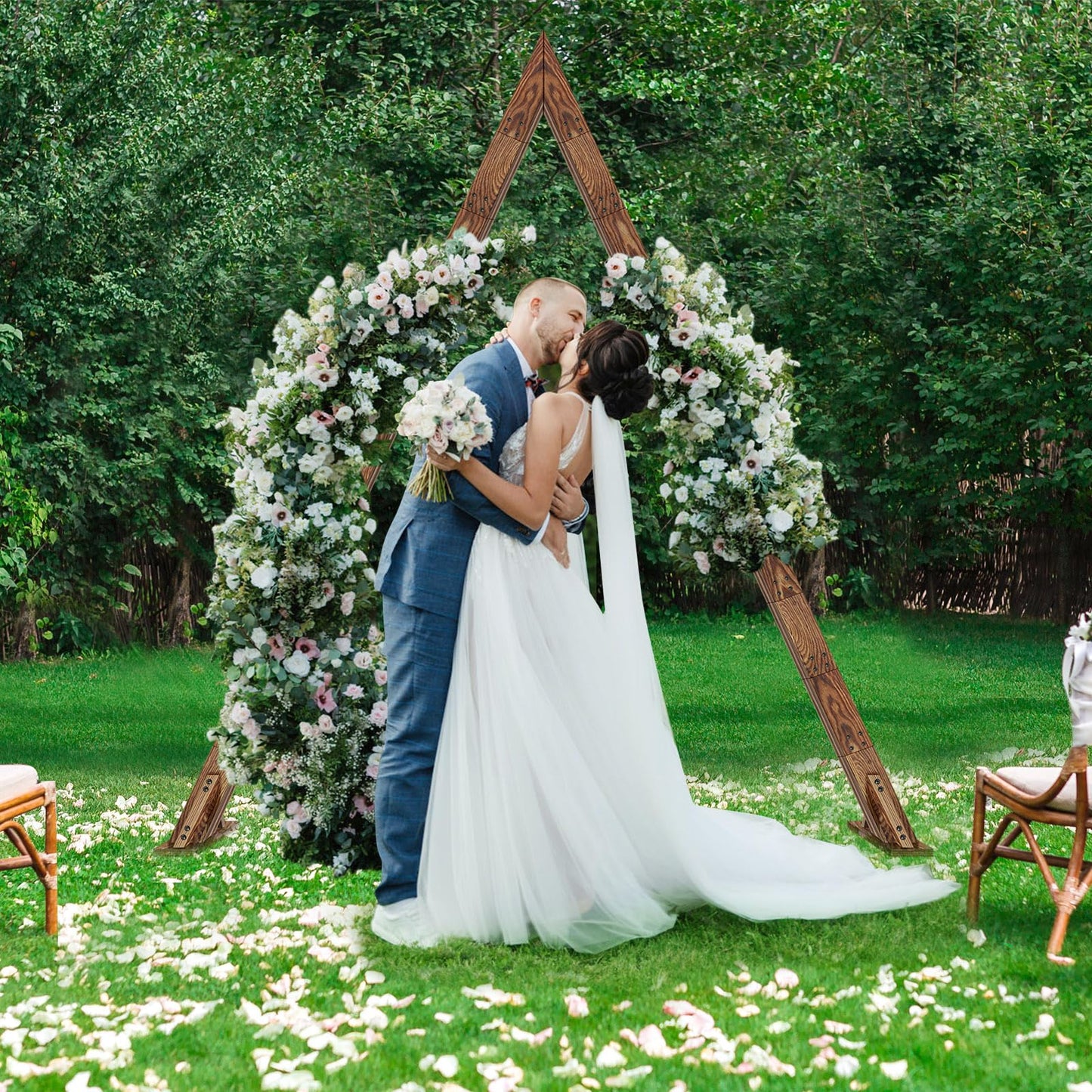 8.3FT Wooden Wedding Arch, Arch Backdrop Stand for Ceremony, Triangle Backdrop Stand for Garden Wedding Parties, Natural Wood Rustic Arch Decorations for Outdoor