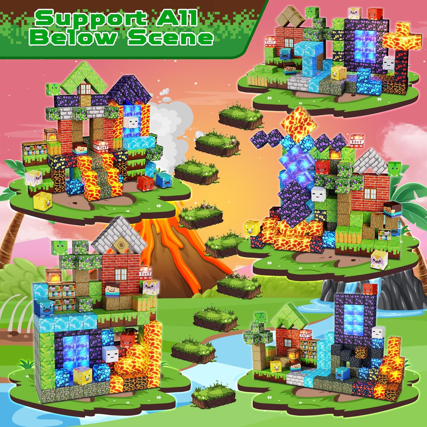 GraceDuck Magnetic Blocks with LED Light 150 PCS Build Dinosaur Volcano Forest Castle, Magnetic Building Blocks Stacking Cubes Sensory Toys for Kids Gifts for 3 4 5 6 7 8 9 10 12 Year Old Boys Girls