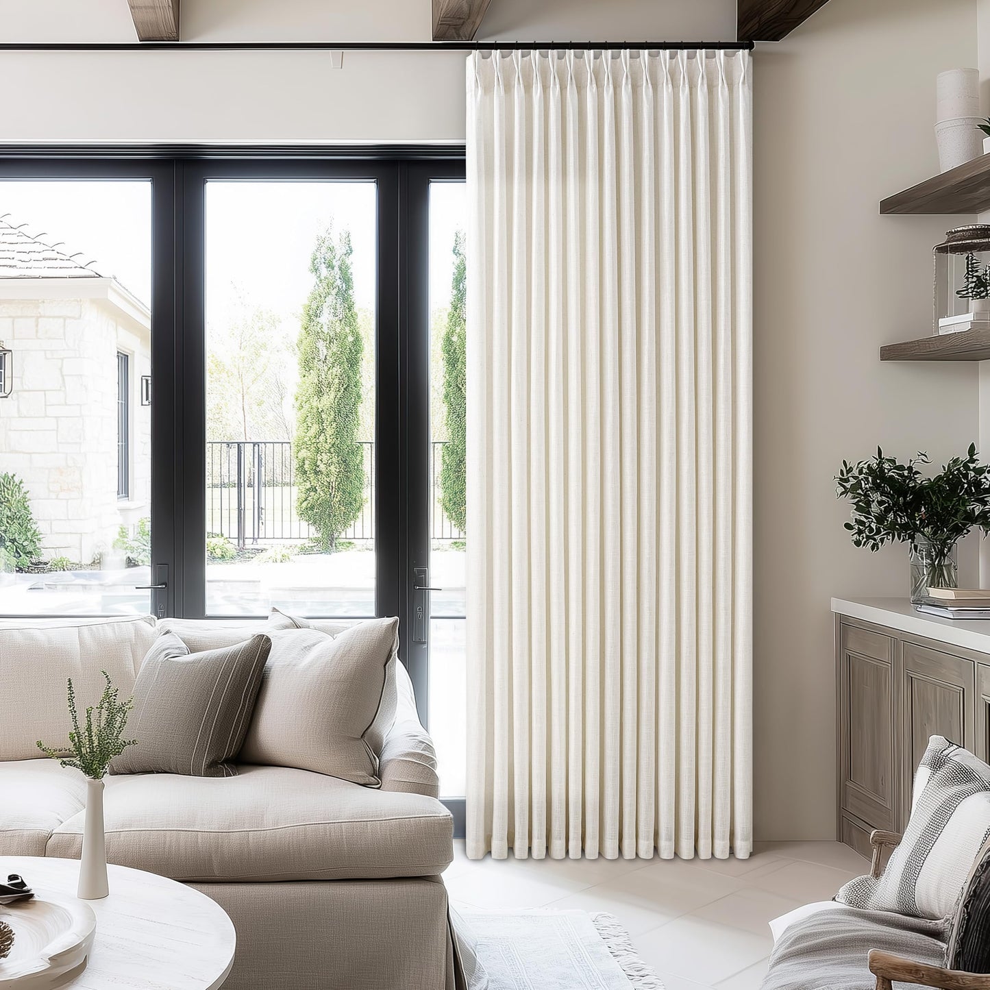 Extra Wide Linen Curtains 90 Inches Long 70 Inch Wide for Living Room Bedroom Light Filtering Cream Natural Pinch Pleated Curtains Neutral Boho Hooks Rings Back Tab Sliding Glass Door 70Wx90L 1 Panel