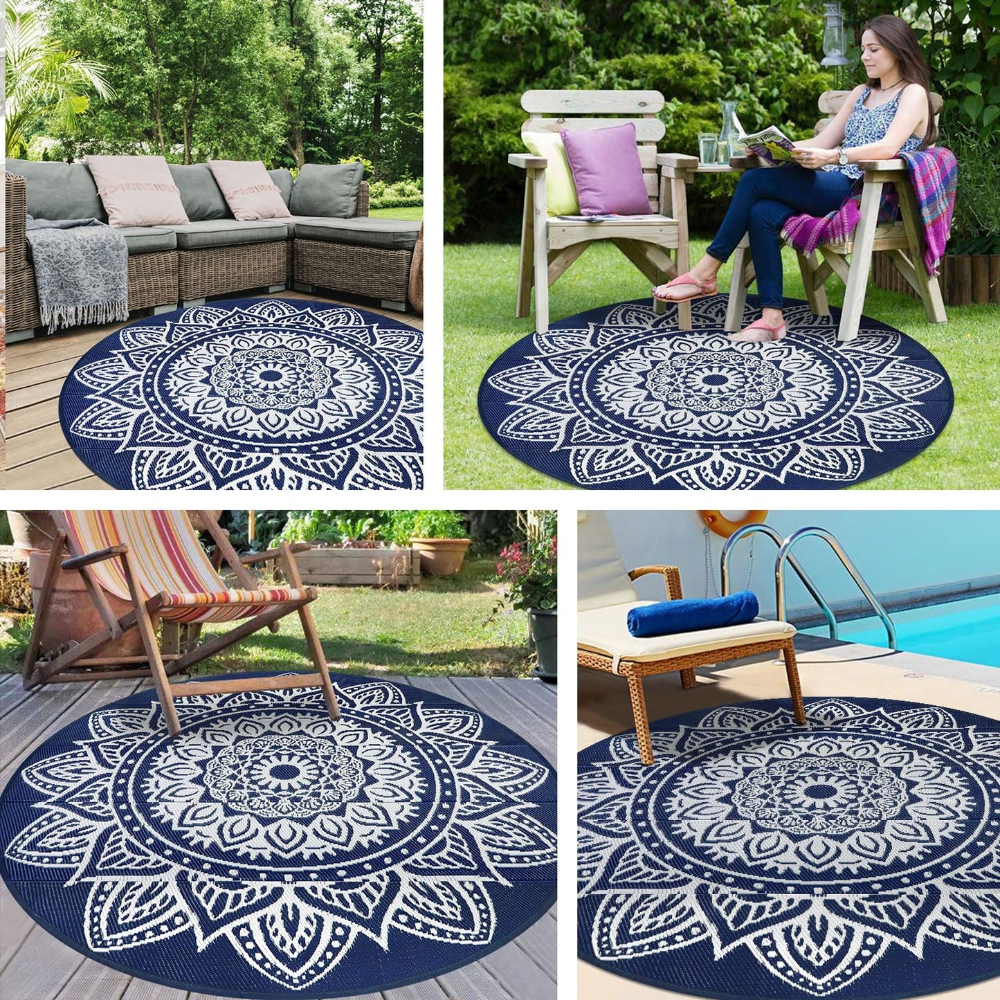 famibay Round Outdoor Area Rug Boho Mandala Plastic Patio Rug 6ft Navy