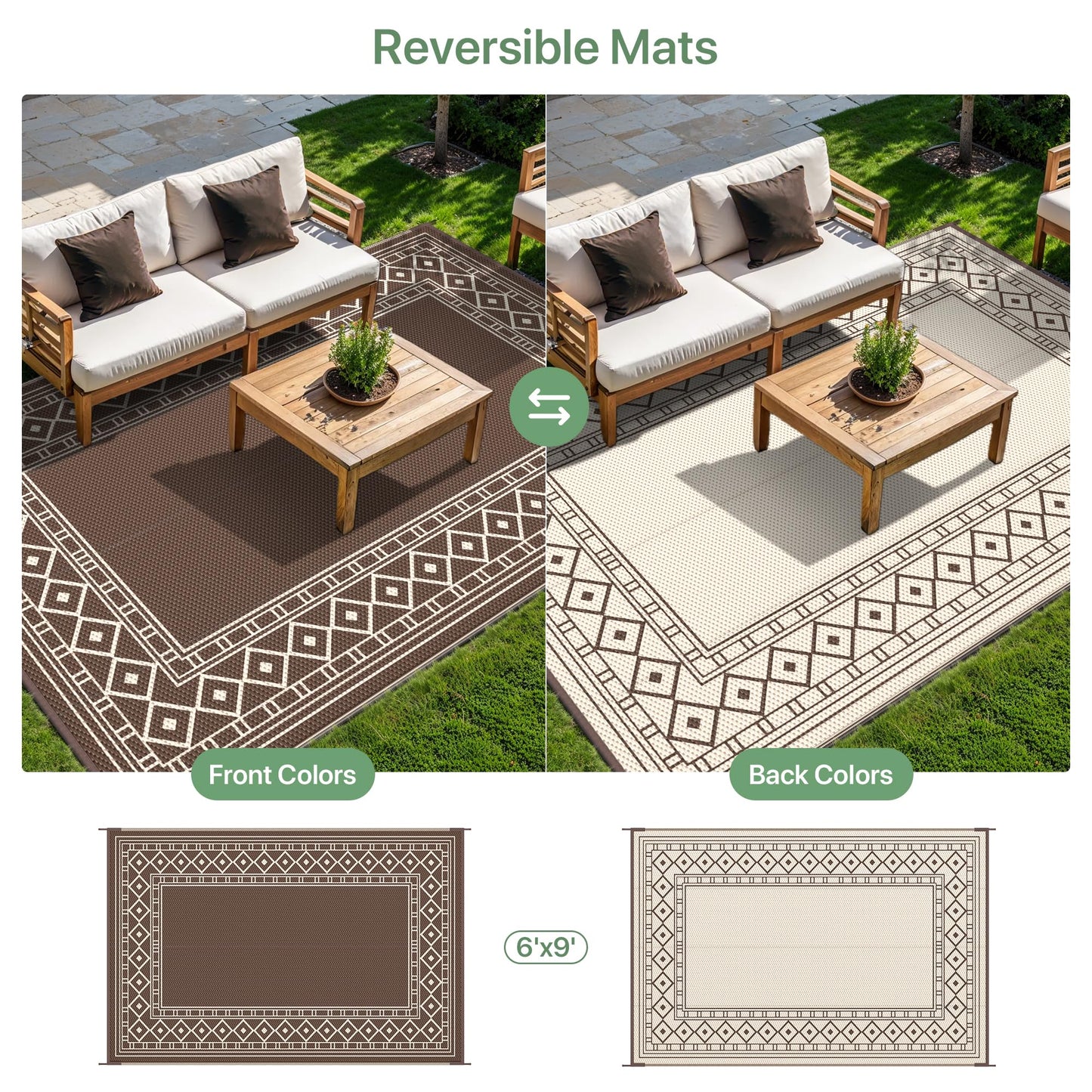 GENIMO 6'x9' Outdoor Rug for Patio, Reversible Plastic Waterproof RV Rugs, Clearance Large Mat, Porch, Camping, Picnic, Deck, Camper, Balcony, Coffee & Beige