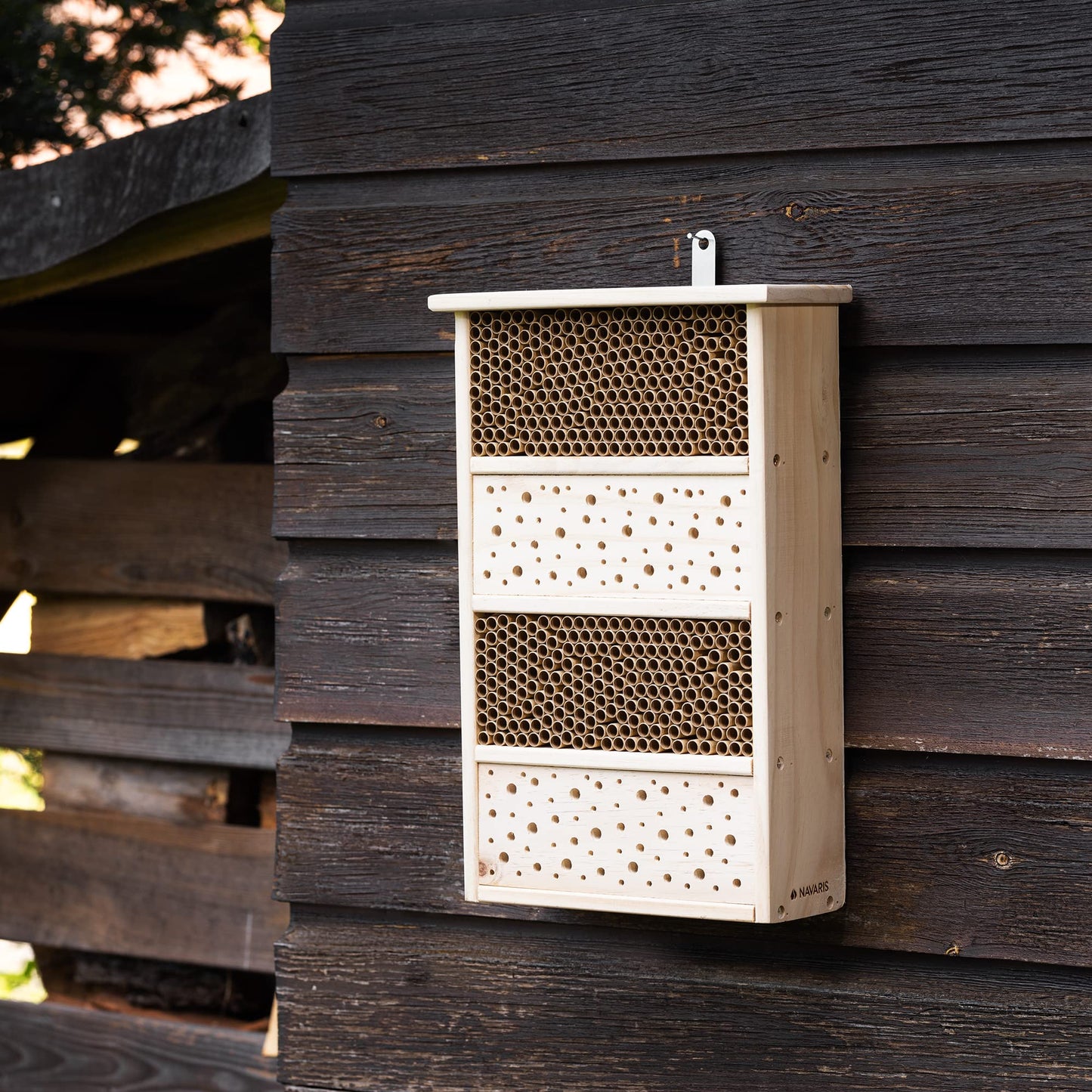 Navaris Bee House for Garden - 10.2" x 15.8" Hotel With Nesting Tubes Box and Holes for Carpenter, Pollinating, and Mason Bees