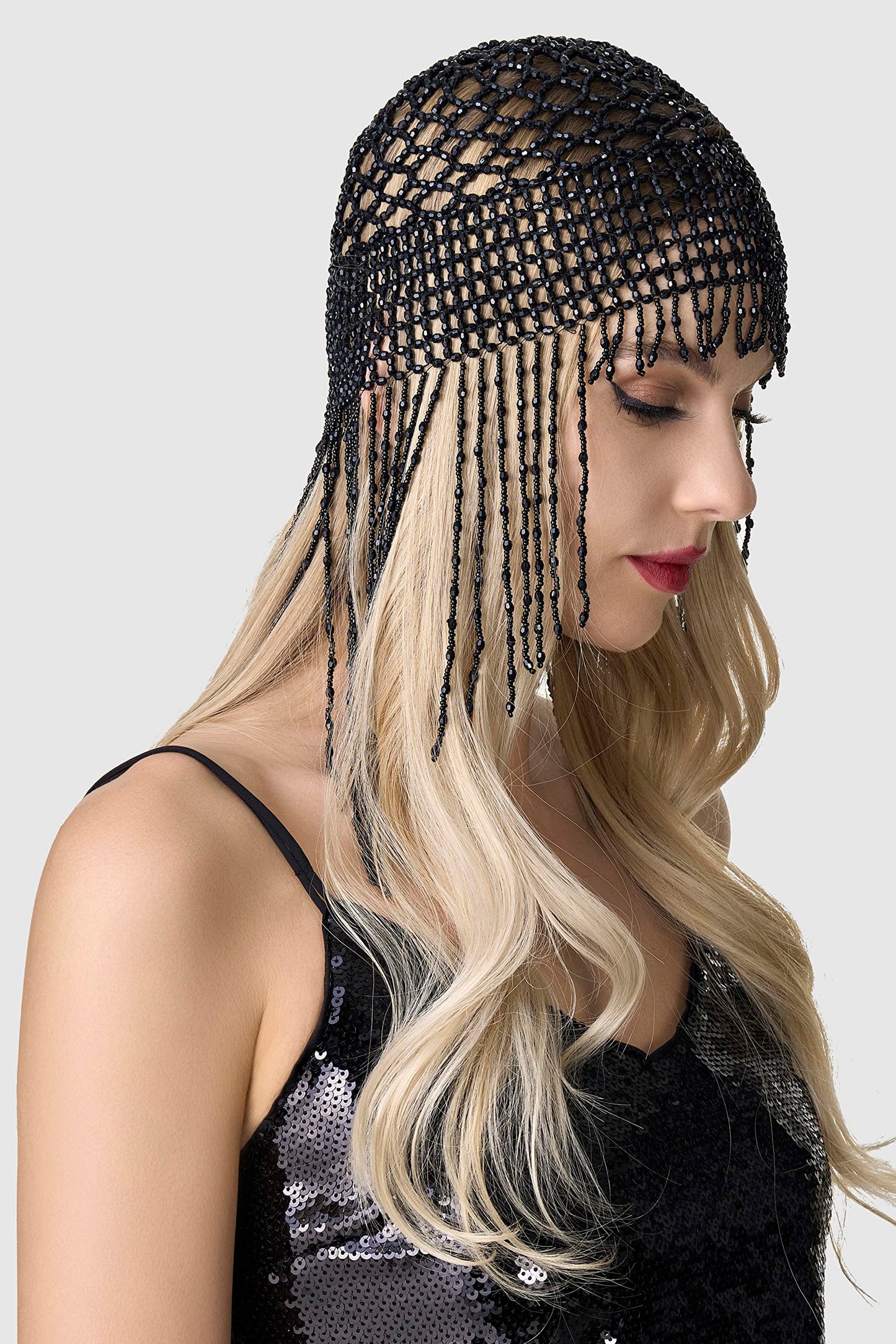 BABEYOND 1920s Beaded Cap Headpiece Roaring 20s Flapper Belly Dance Cap Exotic Cleopatra Headpiece for Gatsby Party (Black)