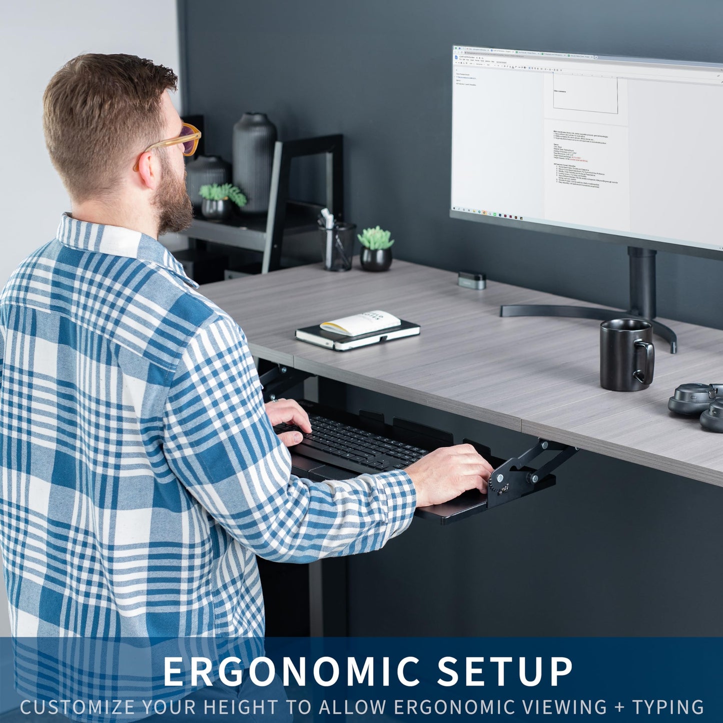 VIVO Large Under Desk 27 x 11 inch Computer Keyboard and Mouse Tray with Swinging Height Adjustment, 12 Settings, Platform Drawer for Typing, Holds 11 lbs, Black, MOUNT-KB08S